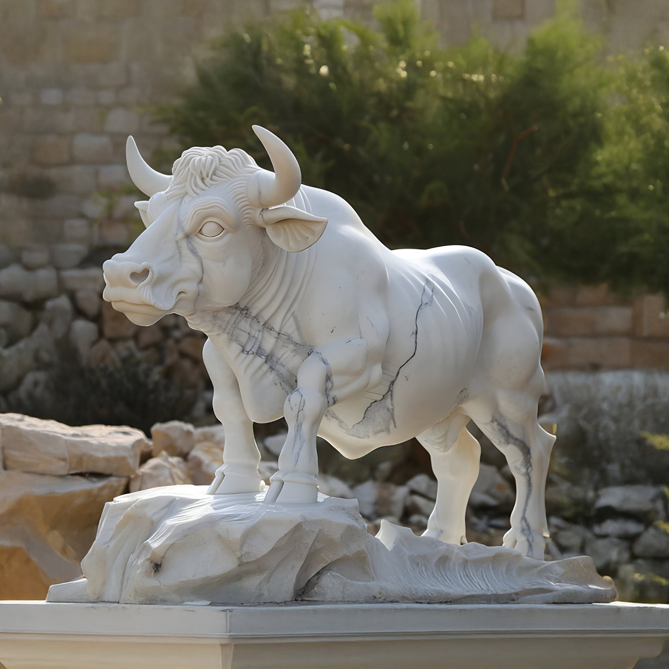 The Stoic Bull White Marble Outdoor Sculpture by Giant Sculptures stands 120cm tall, featuring a bull with large curved horns and detailed musculature on a rocky base. The craftsmanship highlights its elegance against green foliage and a stone wall, with sunlight enhancing its dynamic appearance.