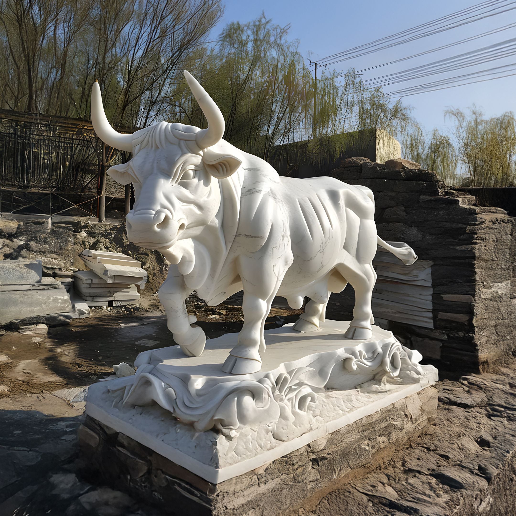 The Charging Bull White Marble Outdoor Sculpture (150cm) by Giant Sculptures features a muscular bull on a decorative base, set amidst trees and stone piles with its head slightly lowered.