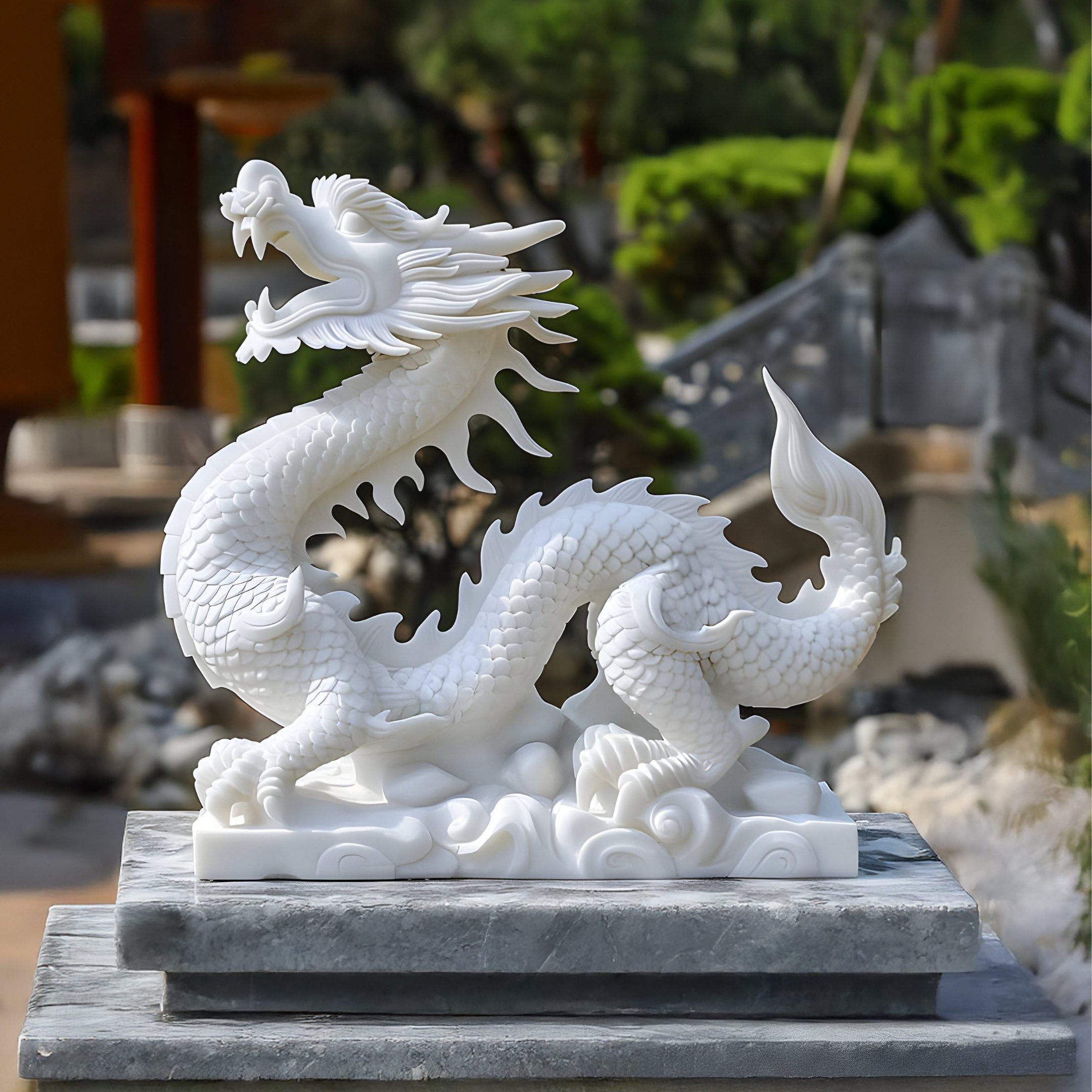 A Majestic Dragon White Marble Outdoor Sculpture by Giant Sculptures, 80cm tall, features an intricately detailed coiled dragon on a stone pedestal, set against a beautifully landscaped garden backdrop.