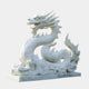 The Imperial Dragon White Marble Outdoor Sculpture by Giant Sculptures features intricate scales, a fierce expression, and a coiled body with an upward-curving tail on a rectangular base; it stands 120cm tall.