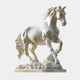 The Galloping Horse Marble Outdoor Sculpture by Giant Sculptures stands 160cm tall, showcasing lifelike detail in musculature and mane on a rocky base. It captures the horses dynamic movement and strength, epitomizing the essence of a marble outdoor sculpture.