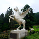 The Majestic Pegasus Marble Outdoor Sculpture - 200cm by Giant Sculptures stands proudly with raised front legs and outstretched wings on a pedestal, surrounded by lush greenery and tall trees in a serene garden setting.