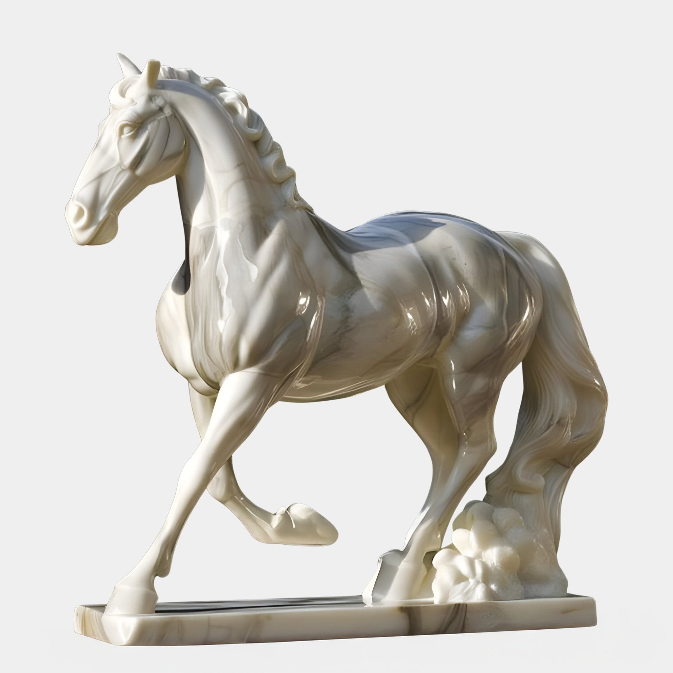 The Giant Sculptures Elegant Striding Horse Marble Outdoor Sculpture - 200cm features a stunning white marble horse with a flowing mane and raised leg on a decorative base, set against a light gray background.