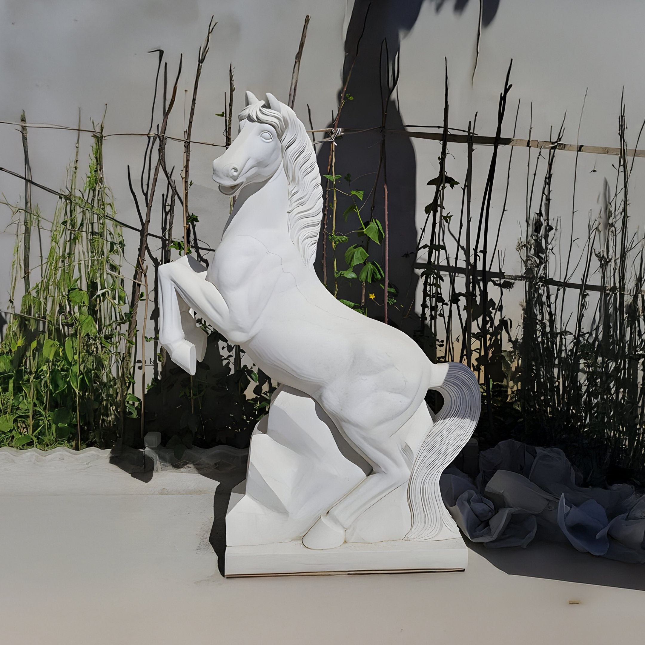 The Giant Sculptures Rearing Horse White Marble Outdoor Sculpture - 180cm features a majestic horse on its hind legs with a flowing mane, surrounded by tall plants and casting a shadow in the sunlight.