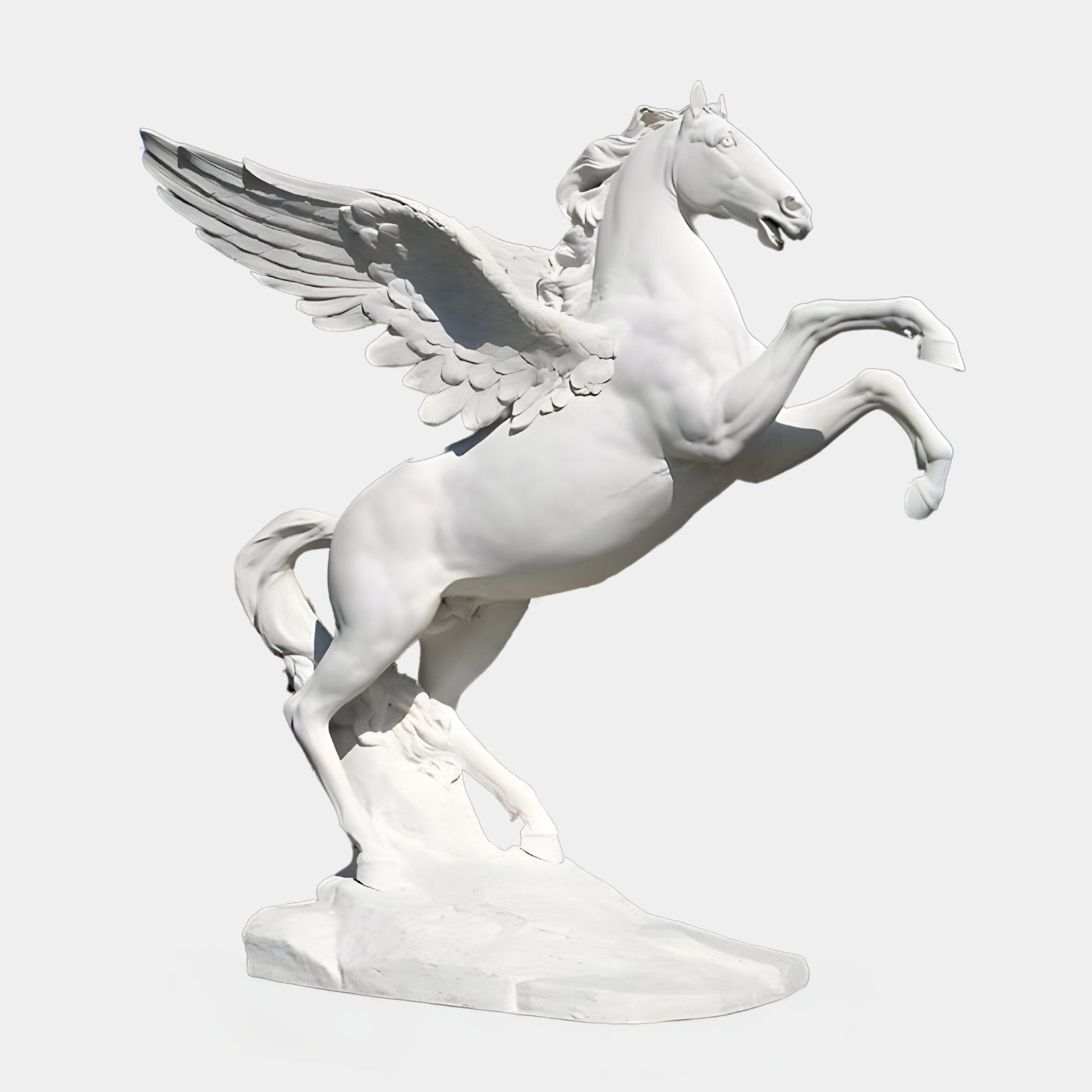 The Giant Sculptures Pegasus White Marble Outdoor Sculpture - 200cm features a rearing, intricately detailed winged horse with a flowing mane on a textured base, capturing motion and grace.