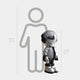 The Lunar Silver Astronaut Beats Sculpture by Giant Sculptures is a shiny 100cm silver robot figure with black headphones, standing next to a 160cm grey human outline, creating a cosmic aesthetic.