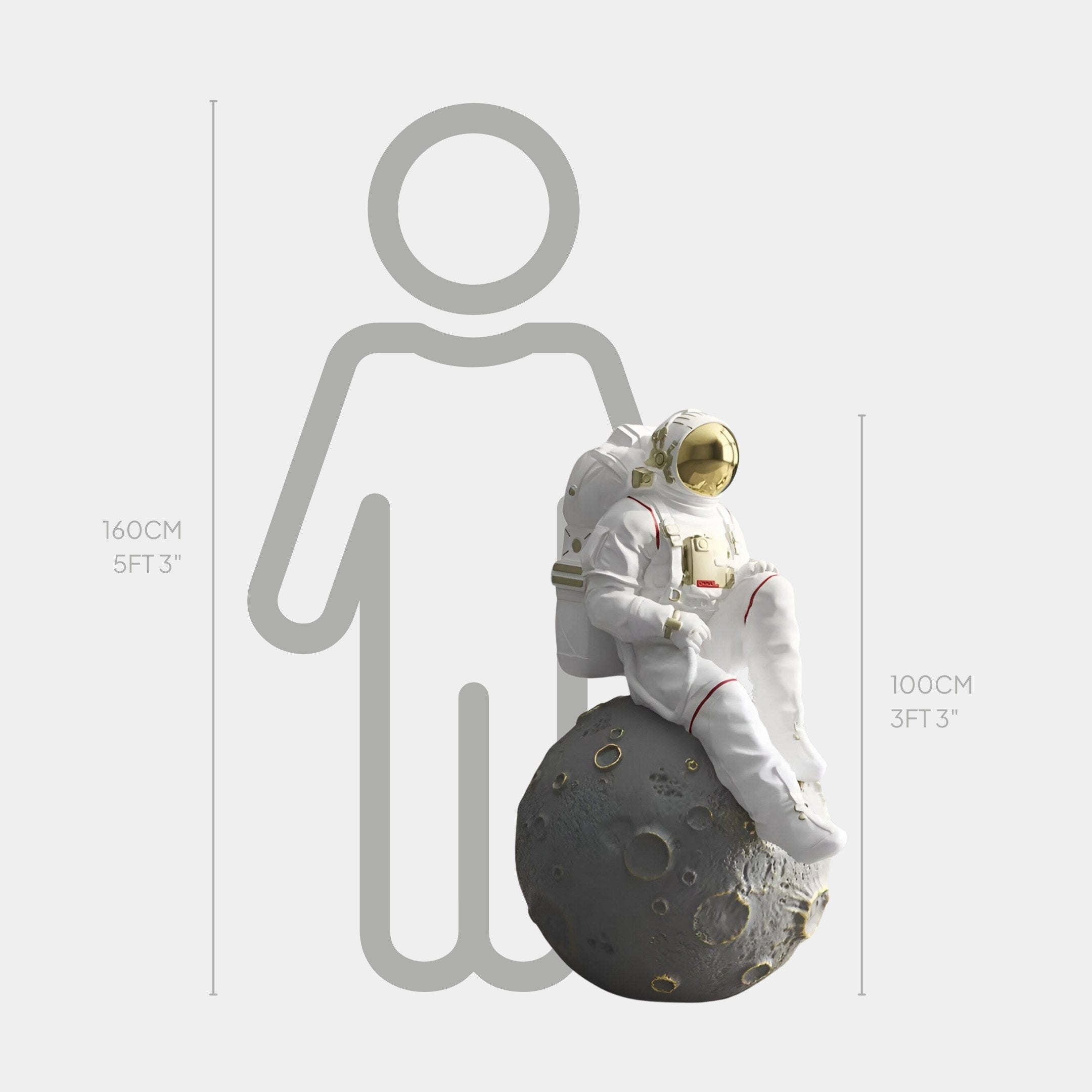 The White Space Astronaut Moon Rest Sculpture by Giant Sculptures depicts an astronaut sitting on a moon-like rock. A gray silhouette stands beside it, illustrating space exploration height markers at 160 cm (5 ft 3 in) and 100 cm (3 ft 3 in) for scale comparison.