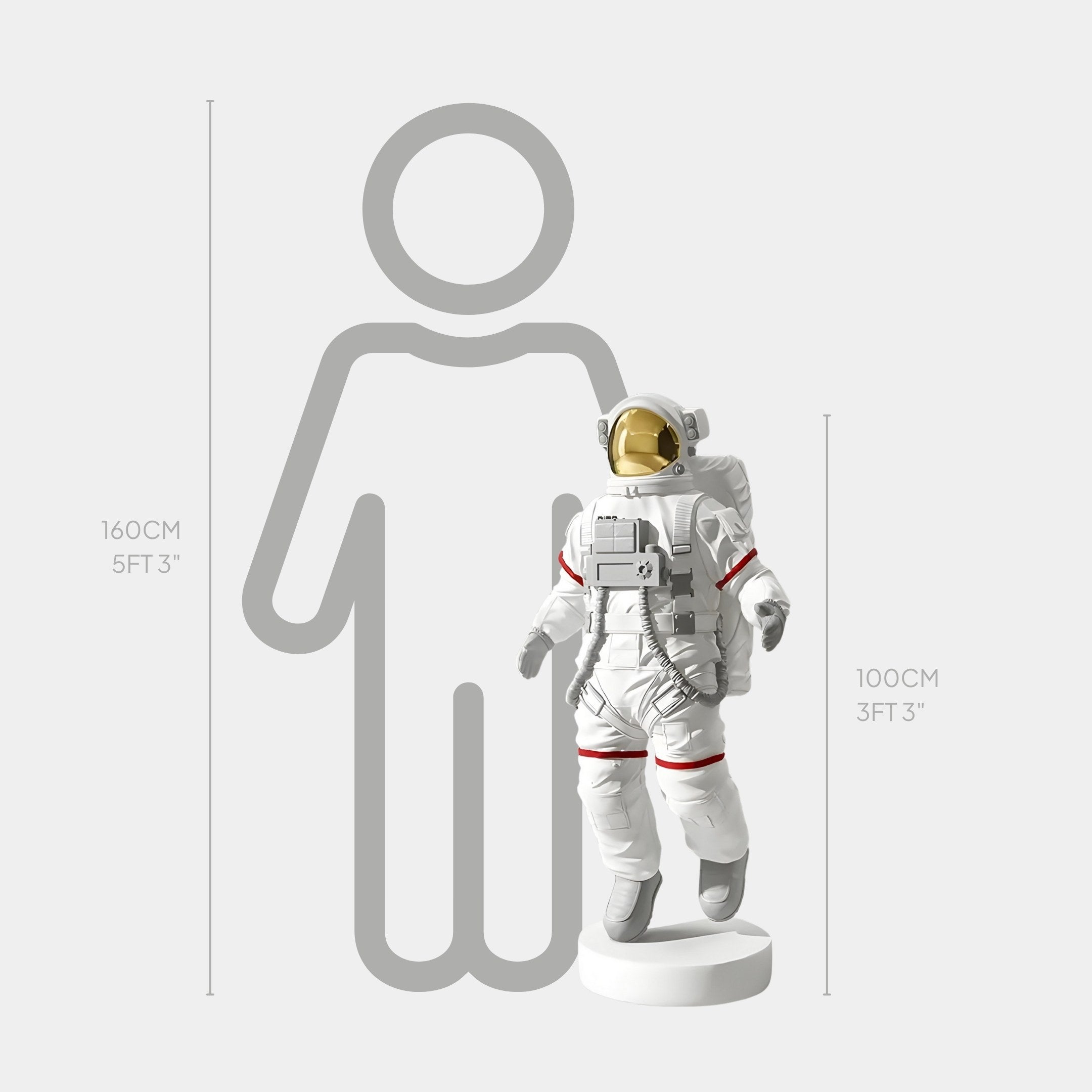 The White Space Astronaut Voyager Sculpture by Giant Sculptures stands 100 cm (3 ft 3 in) tall, contrasting with a gray outline labeled 160 cm (5 ft 3 in), and adds a cosmic touch to your décor.