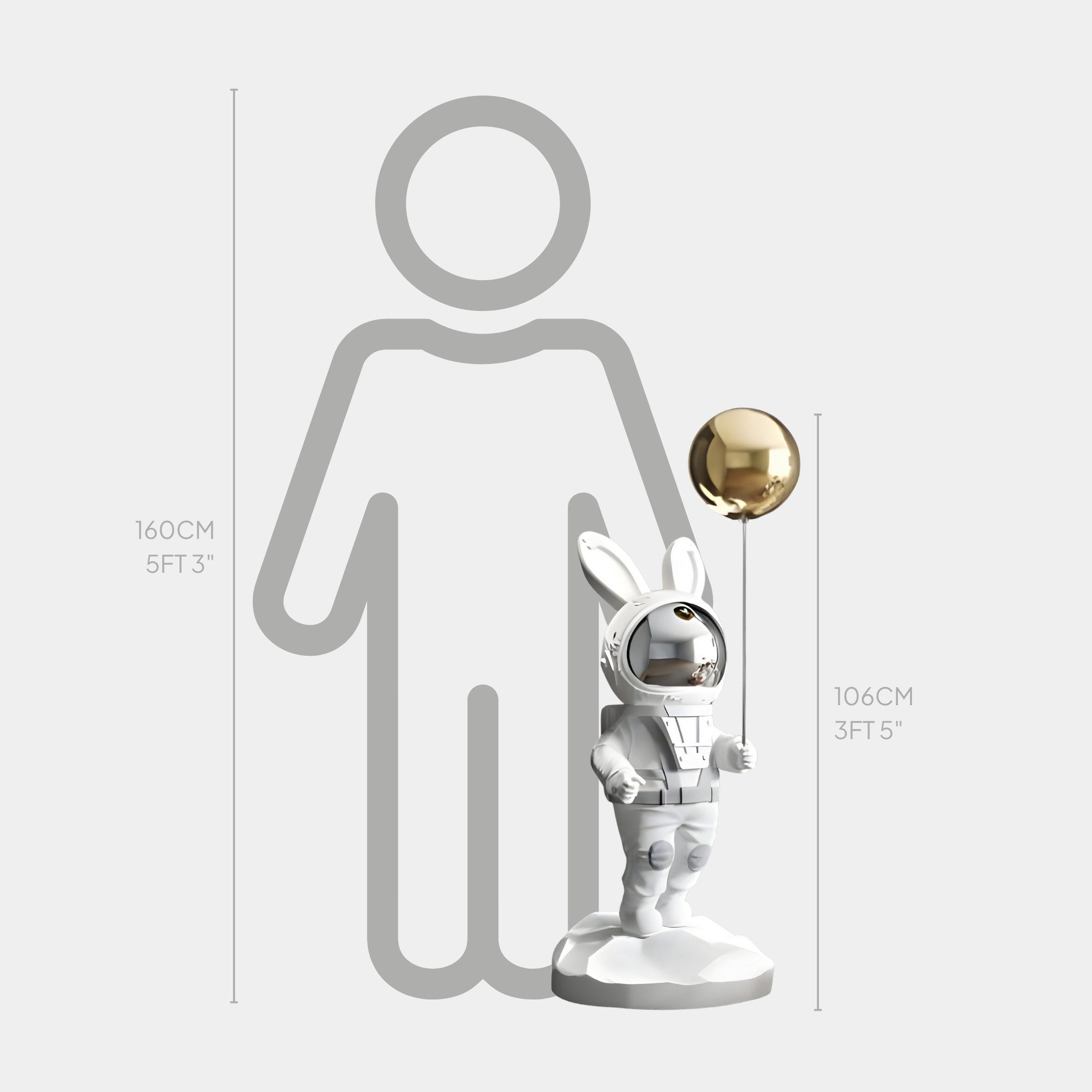 The White Astronaut Floppy Bunny Balloon Sculpture by Giant Sculptures features a white figurine with bunny ears holding a gold balloon. It stands 106 cm tall on a round base, creating a charming space-themed decor beside the grey silhouette of a 160 cm person.