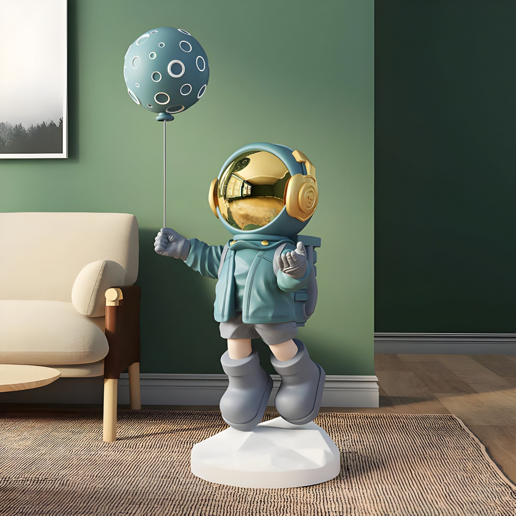 The Giant Sculptures Galactic Blue Astronaut Moon Balloon Sculpture, featuring a teal spacesuit, gold helmet, and blue polka-dotted moon balloon on a white base, enhances the rooms charm with its green wall and beige armchair in a space-inspired theme.