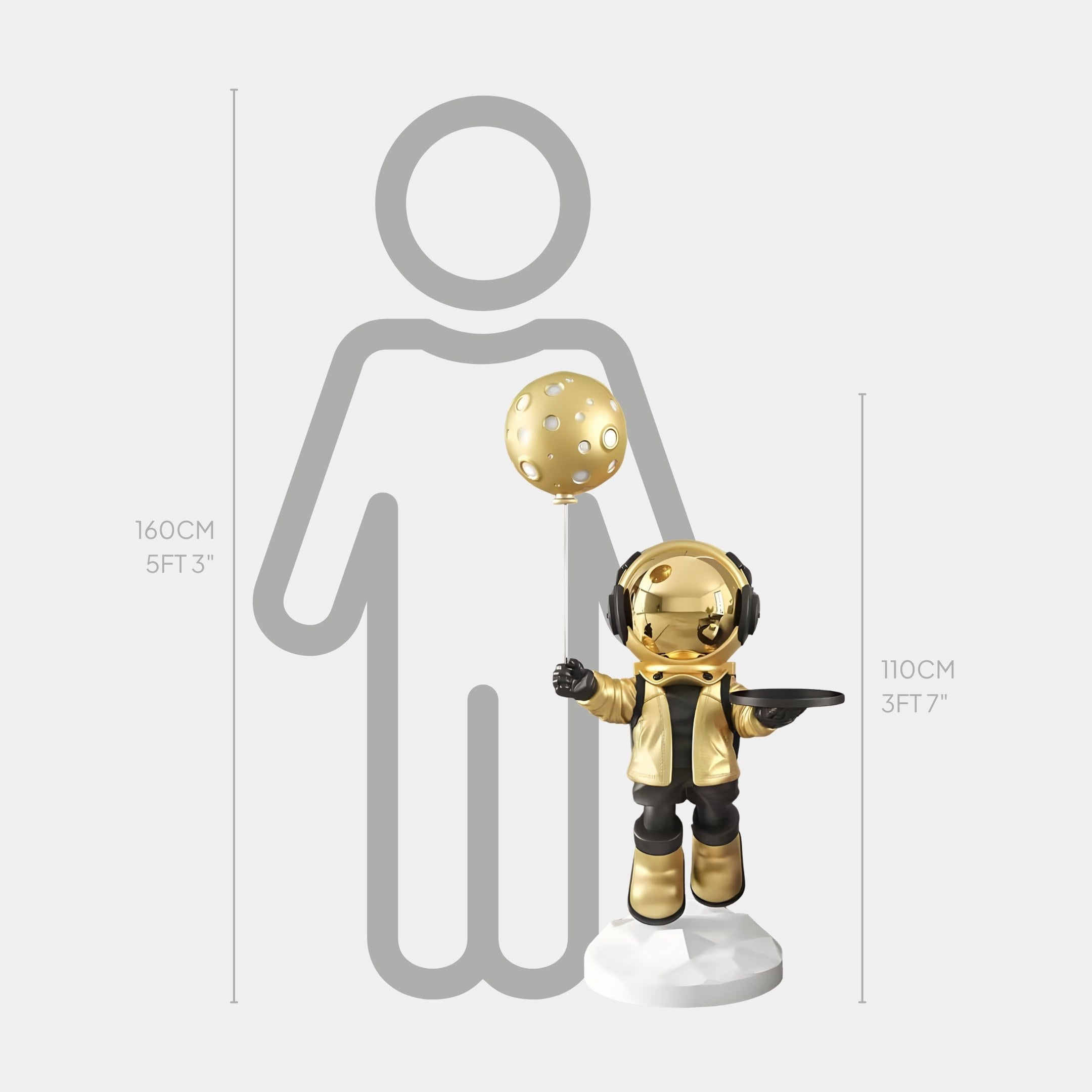 The Celestial Gold Astronaut Butler Balloon Sculpture by Giant Sculptures features a reflective visor, stands 110 cm tall, and holds a balloon. Its positioned next to a height outline of 160 cm against a white backdrop.