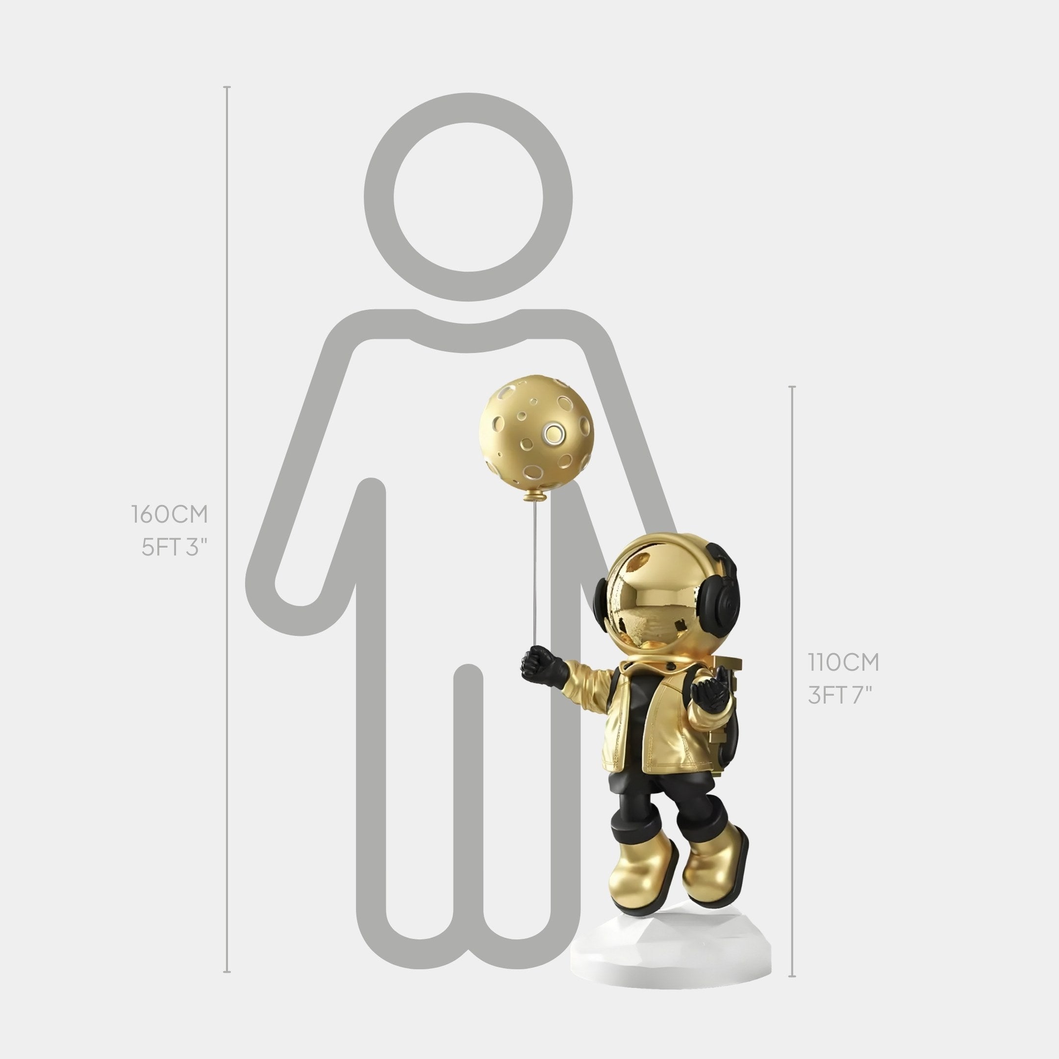 The Celestial Gold Astronaut Moon Balloon Sculpture by Giant Sculptures stands at 110cm (3ft 7in) with a moon-shaped balloon, shown next to a 160cm (5ft 3in) silhouette for scale, capturing its cosmic charm.