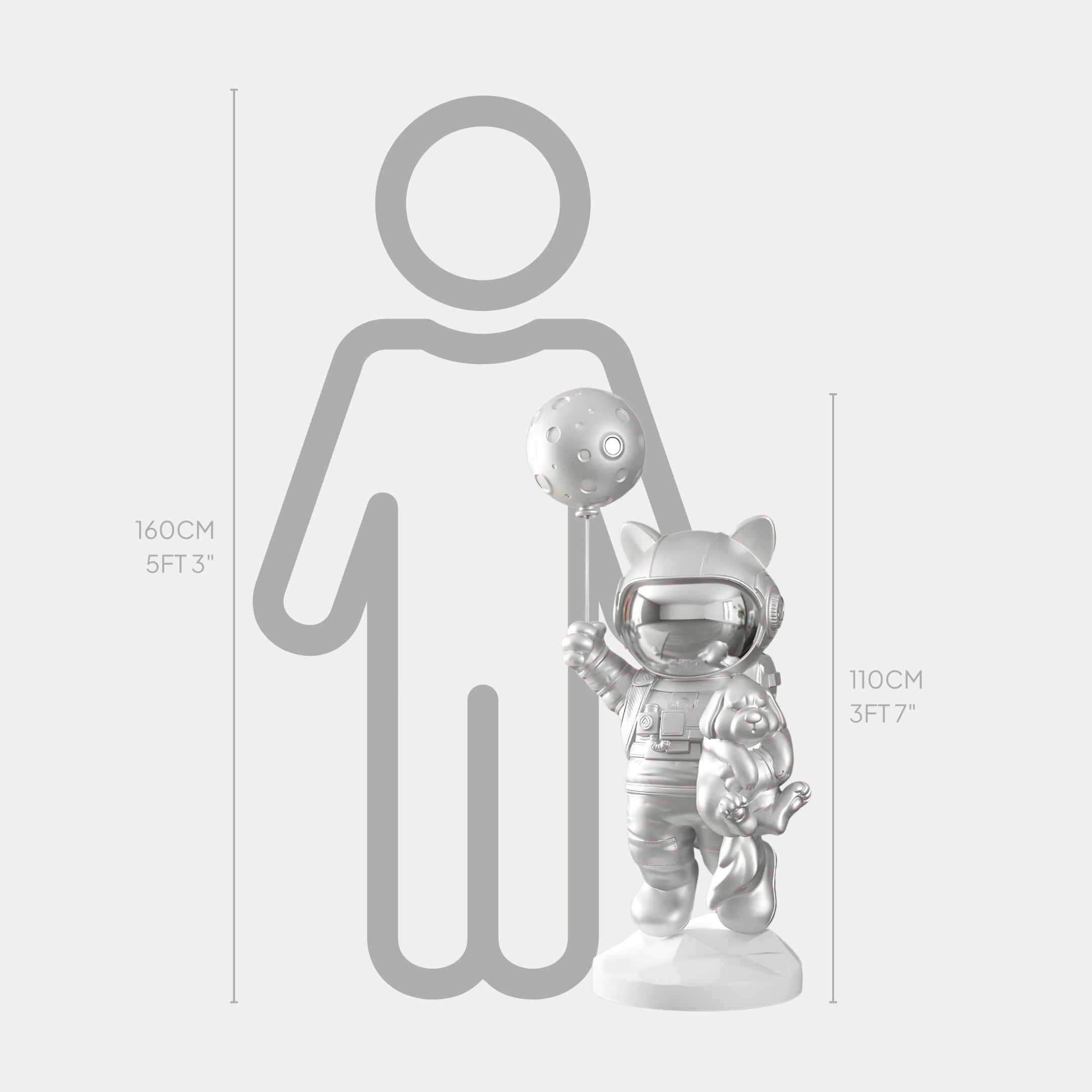 The Cosmic Chrome Astronaut Kitty Pup Moon Balloon Sculpture - 110cm by Giant Sculptures is a silver figurine holding a balloon and smaller cat, standing on a white base. It measures 110 cm (3 ft 7 in), shown next to a line drawing against a person of 160 cm (5 ft 3 in), perfect for lunar-inspired decor.