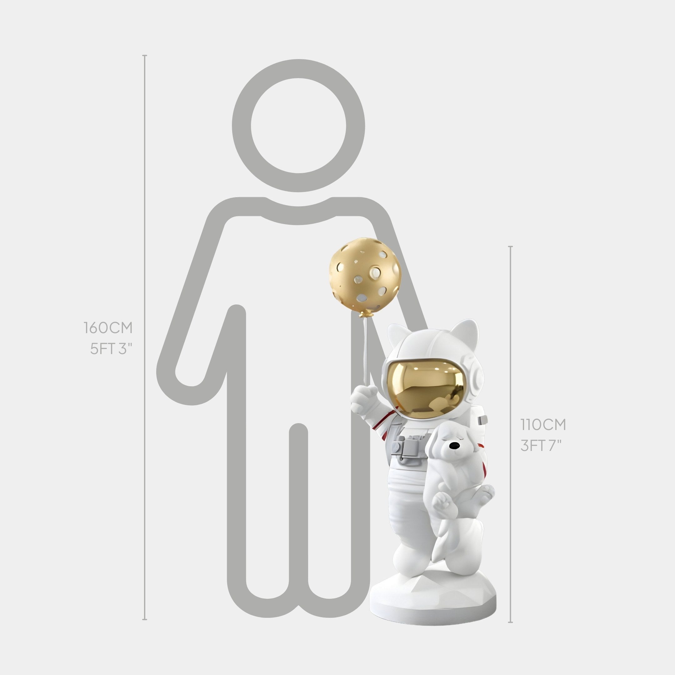 The Nova White Astronaut Kitty Pup Moon Balloon Sculpture by Giant Sculptures stands 110 cm tall, featuring a cartoon cat in a spacesuit with a gold helmet, clutching a fish-shaped balloon and holding a small white plush. A 160 cm human outline emphasizes its cosmic allure.