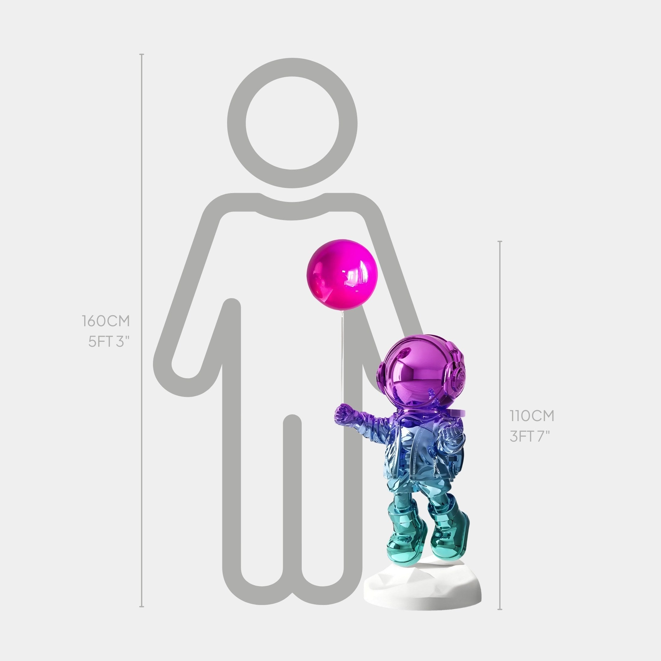 The Giant Sculptures 110 cm Vibrant Gradient Astronaut Balloon Sculpture features a colorful resin astronaut holding a pink balloon on a white base, with a grey silhouette beside it to indicate the reference height of 160 cm.