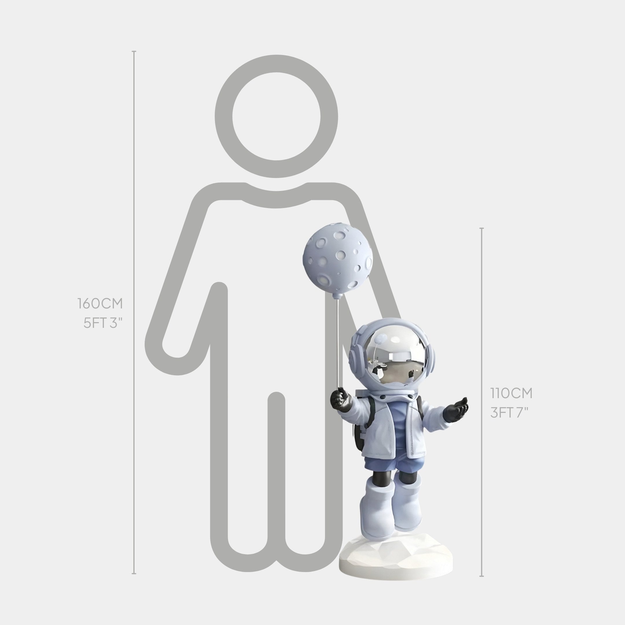 The Giant Sculptures Cosmic Sky Astronaut Moon Balloon Sculpture, measuring 110 cm (3 ft 7 in), is shown beside a silhouette of an average adult, which is 160 cm (5 ft 3 in).