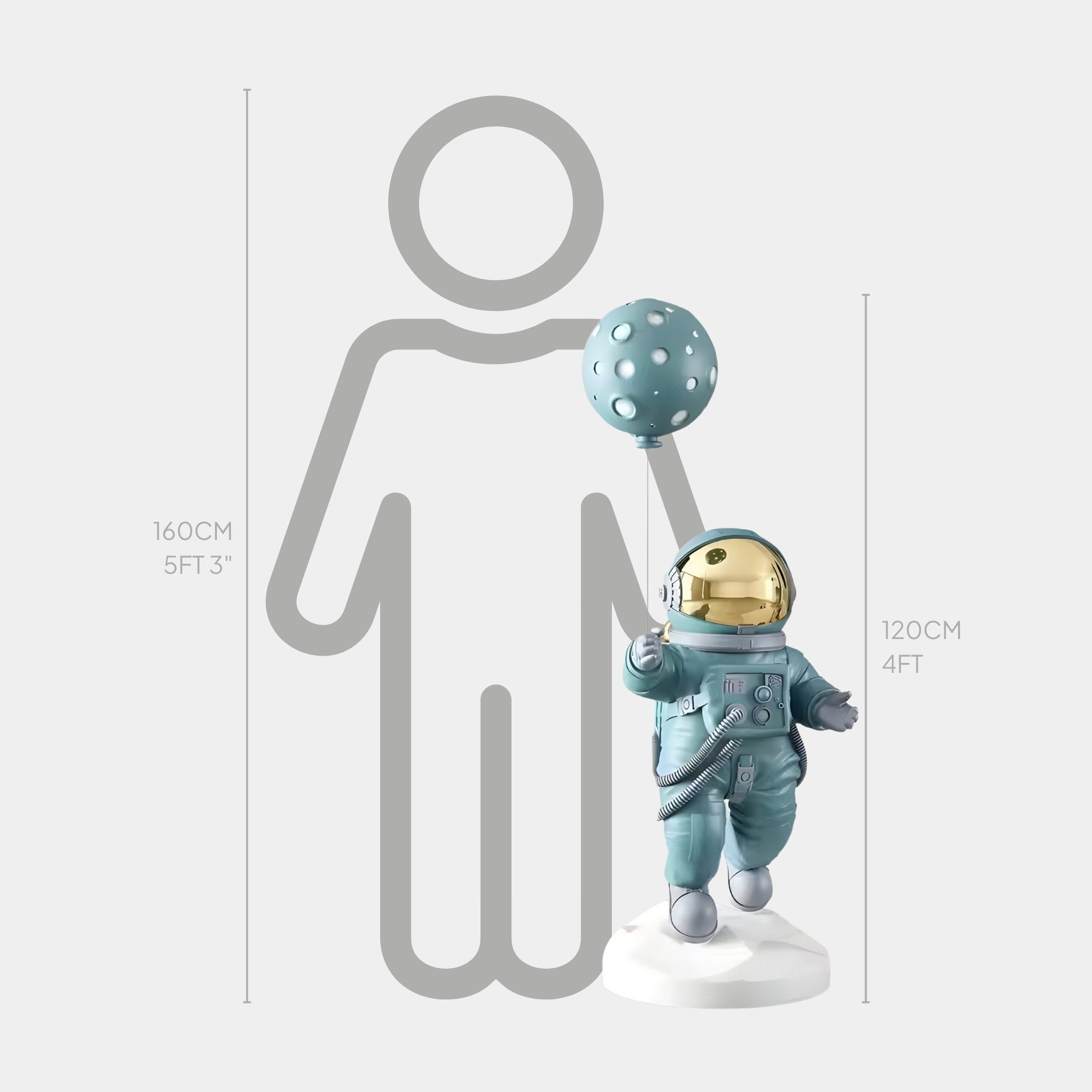 A Galactic Blue Astronaut Ranger Balloon Sculpture by Giant Sculptures, standing at 120 cm (4 ft), is placed beside a human silhouette measuring 160 cm (5 ft 3 in), crafting an enchanting Outer Space Décor piece.