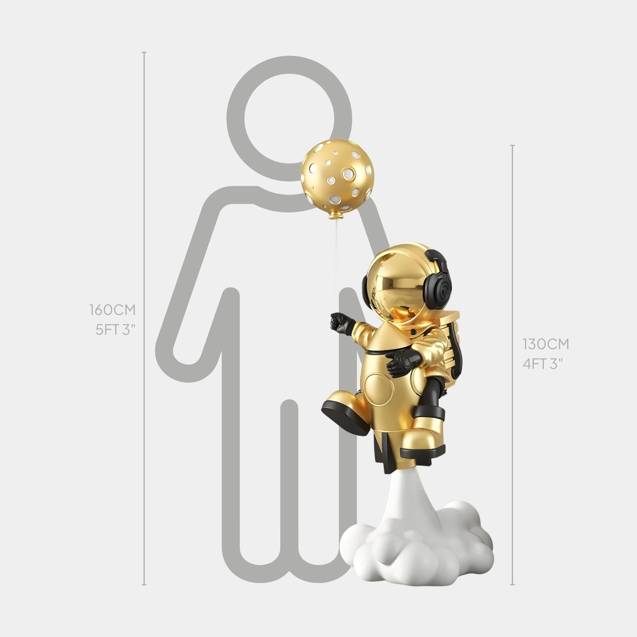 The Celestial Gold Astronaut Rocket Lift-Off Balloon Sculpture by Giant Sculptures features a gold astronaut with headphones, holding a moon balloon and standing on a cloud-like base beside a height marker at 130 cm (4 ft 3 in).