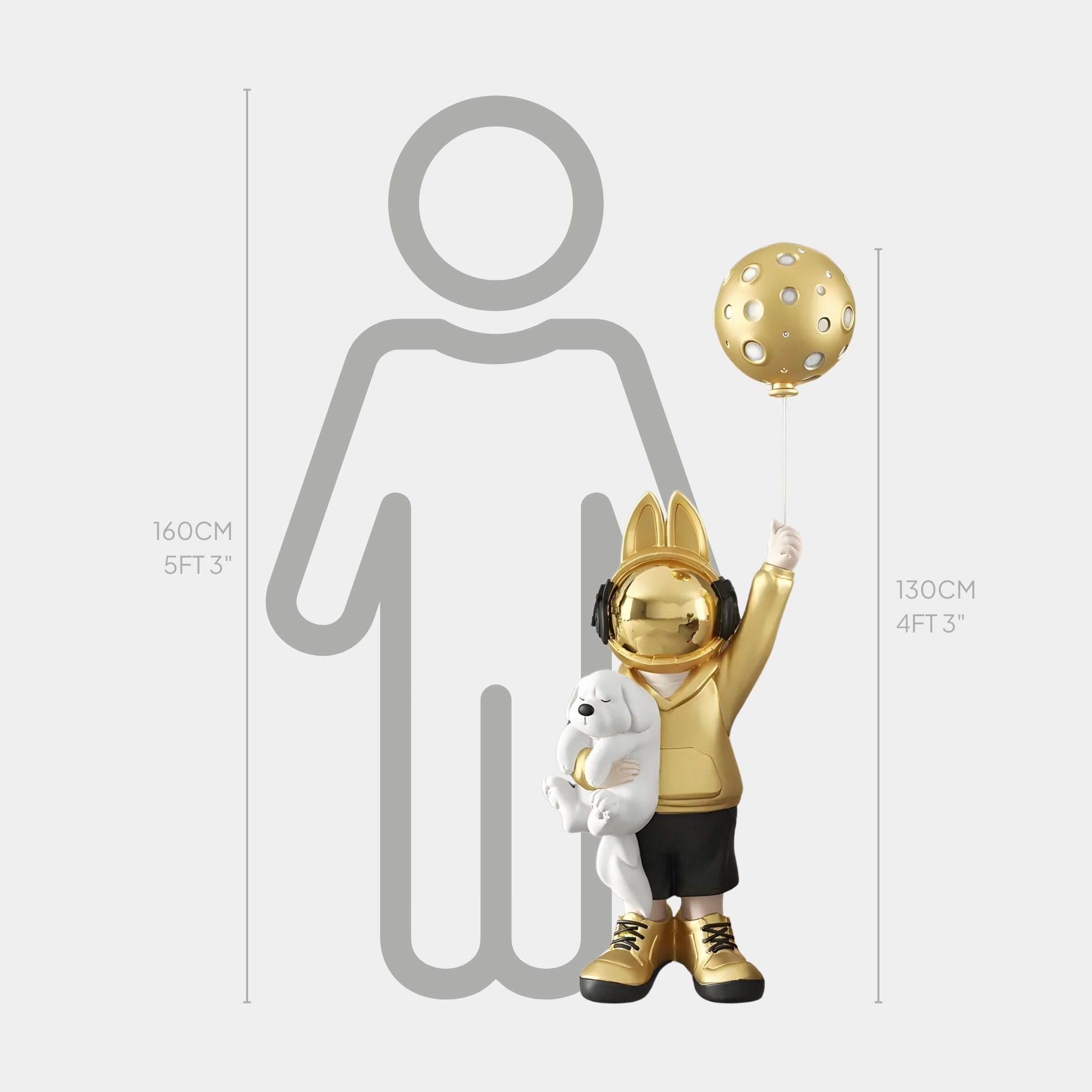 The Gold Astronaut Bunny Pup Balloon Sculpture by Giant Sculptures, standing 130cm tall, evokes Cosmic Joy with a golden bunny wearing headphones cradling a dog and balloon next to an outline measuring 160cm.