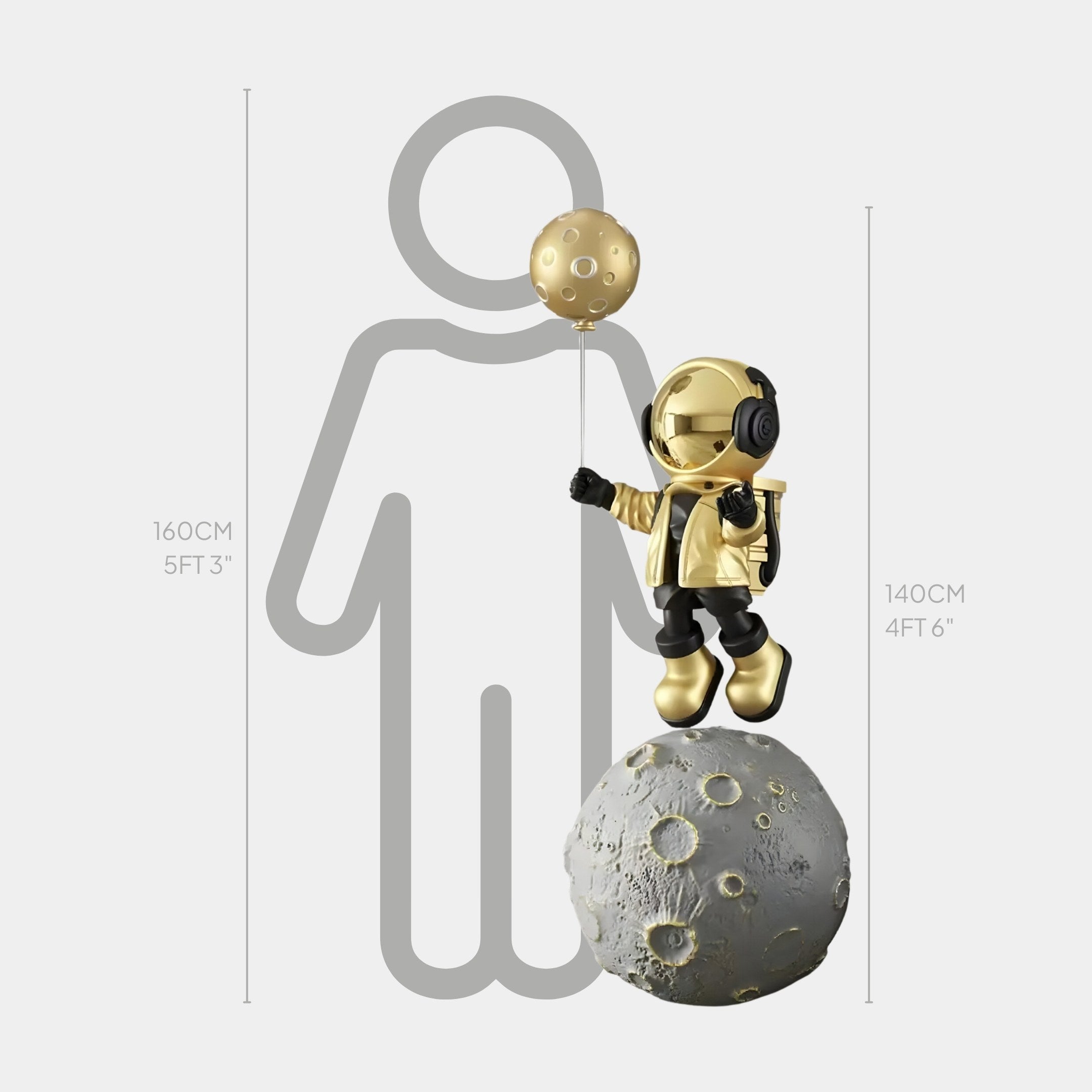 The Celestial Gold Astronaut Balloon Moonwalk Sculpture by Giant Sculptures, standing at 140cm (46) and clutching a moon balloon, offers a charming contrast in front of a 160cm (53) outline while proudly resting on a small moon base.