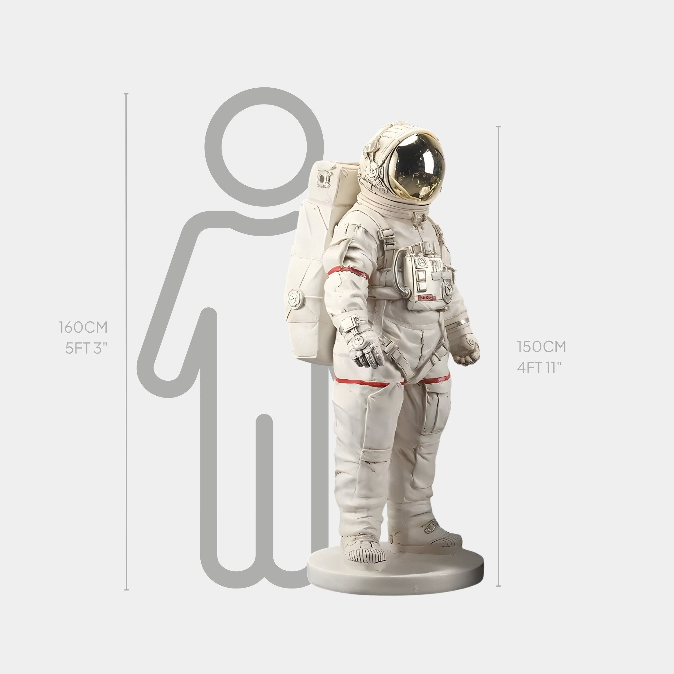 The Cloud White Space Astronaut Standing Sculpture by Giant Sculptures, marked at 150 cm (4 ft 11 in), serves as a cosmic focal point beside a gray silhouette reaching 160 cm (5 ft 3 in) with height markers.