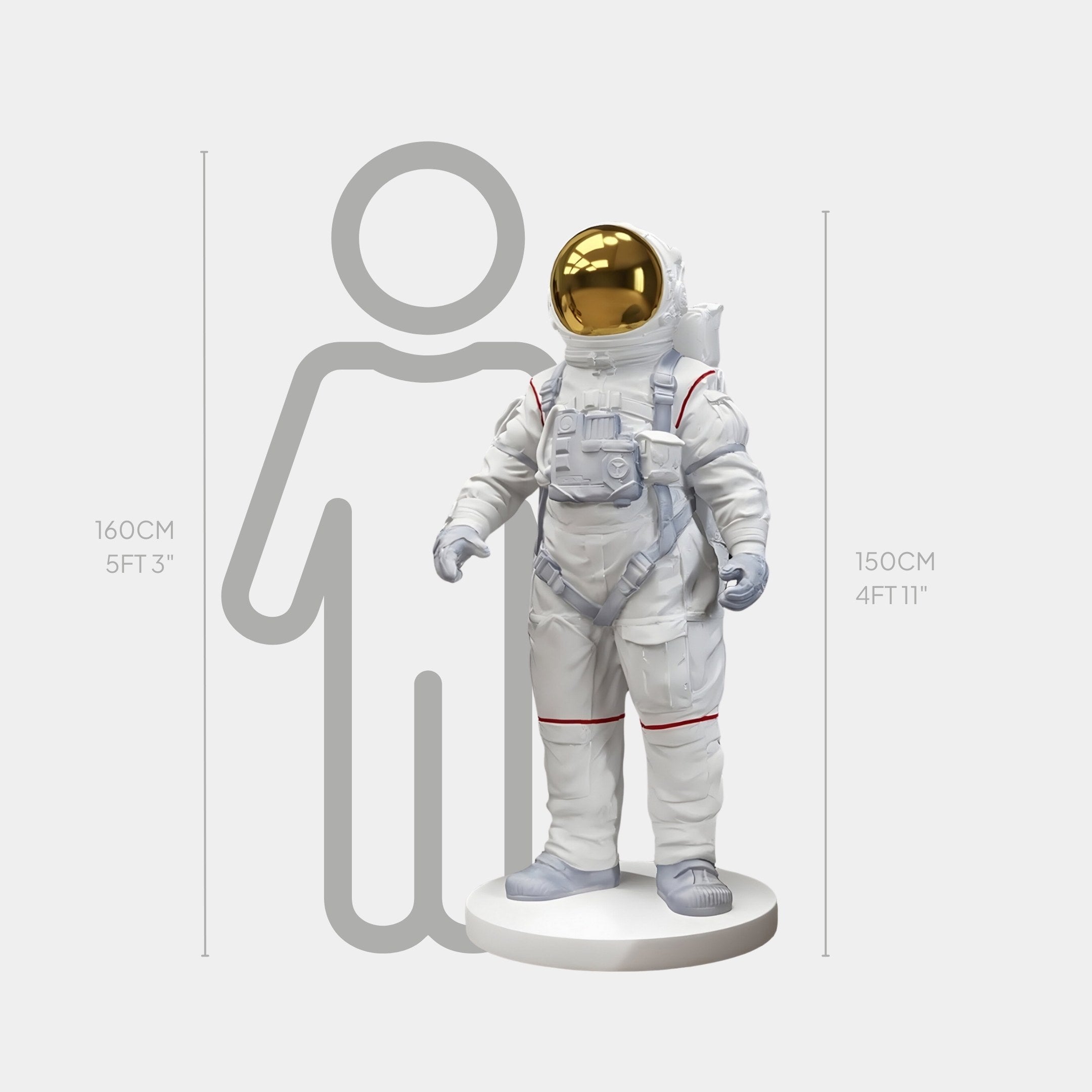 The White Space Astronaut Standing Sculpture from Giant Sculptures embodies the charm of space exploration decor with its 150 cm (4 ft 11 in) height and gold visor, standing beside a gray outline of a person reaching 160 cm (5 ft 3 in) for height comparison.