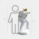 The illustration displays Giant Sculptures White Space Astronaut Strider Sculpture, standing 150 cm (4 ft 11 in) in a white spacesuit with a gold visor. Its shown alongside an outlined person of 160 cm (5 ft 3 in), highlighting the size difference, ideal for space decor lovers.