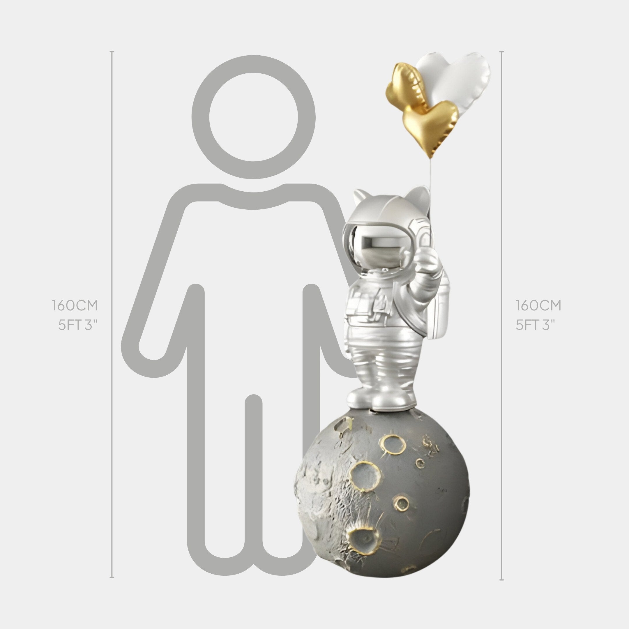 The 160 cm Cosmic Chrome Astronaut Kitty Heart Balloons Sculpture by Giant Sculptures is a striking piece featuring an astronaut on a cratered gray moon, holding gold and silver heart-shaped balloons, exuding a futuristic charm.