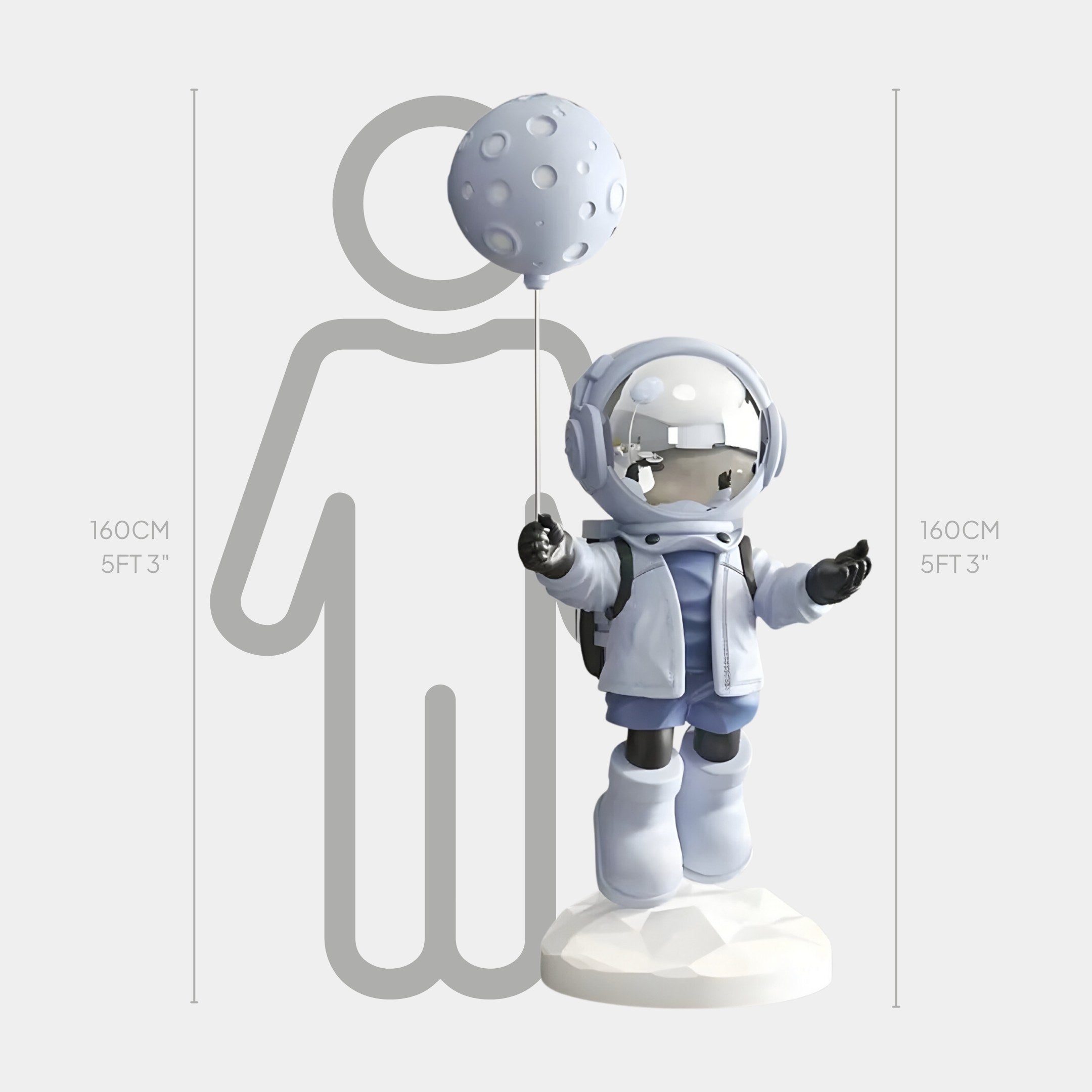 The Cosmic Sky Astronaut Moon Balloon Sculpture by Giant Sculptures, standing at 160 cm (5 ft 3 in), showcases a whimsical cartoon astronaut with a moon-textured balloon in front of a height comparison silhouette, capturing an enchanting celestial display.