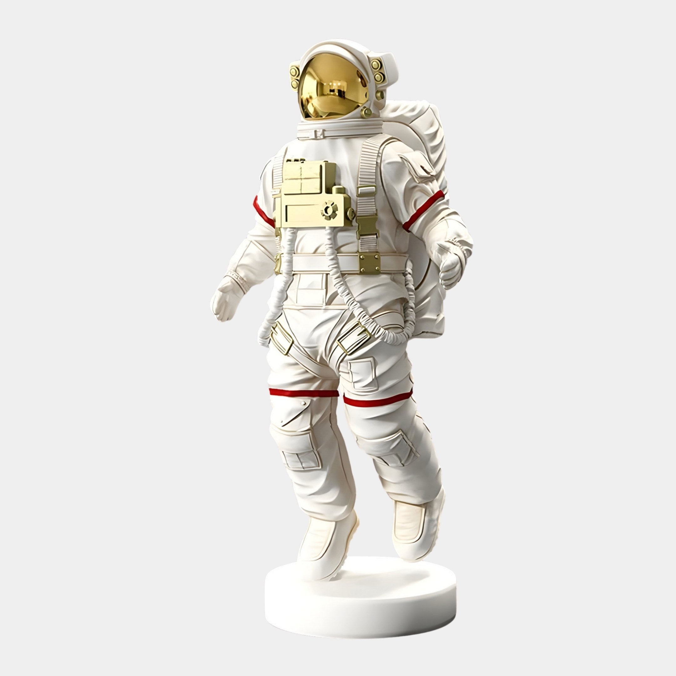 The Cloud White Space Astronaut Voyager Figure by Giant Sculptures features gold accents on its helmet and chest. Standing on a circular base, its spacesuit has red stripes and intricate details, perfect for space-themed décor. The plain white background accentuates its celestial charm.