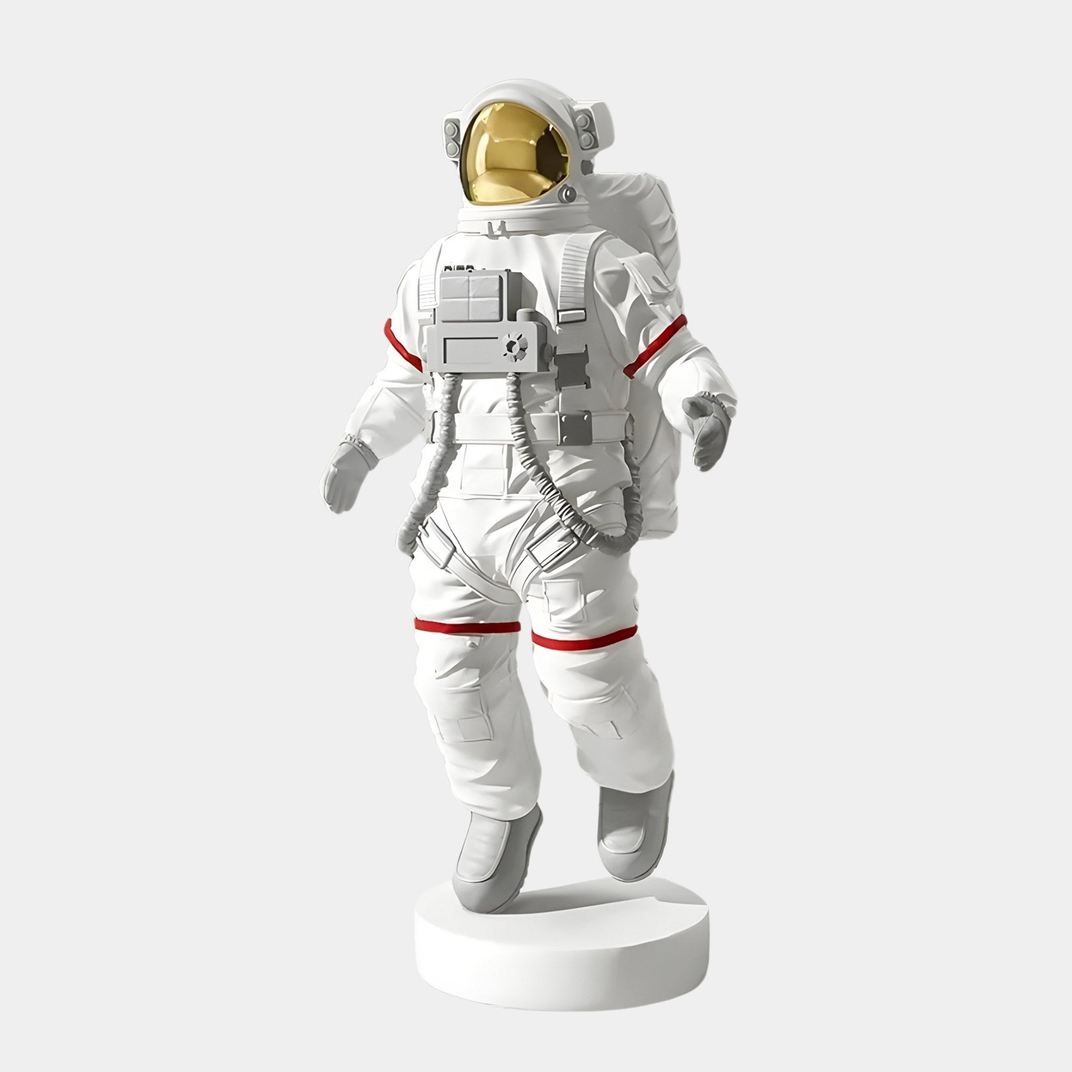 The White Space Astronaut Voyager Figure by Giant Sculptures is a 30cm figurine featuring red accents, a gold visor, detailed textures, and a large backpack on a round base—perfect for space travel decor fans.