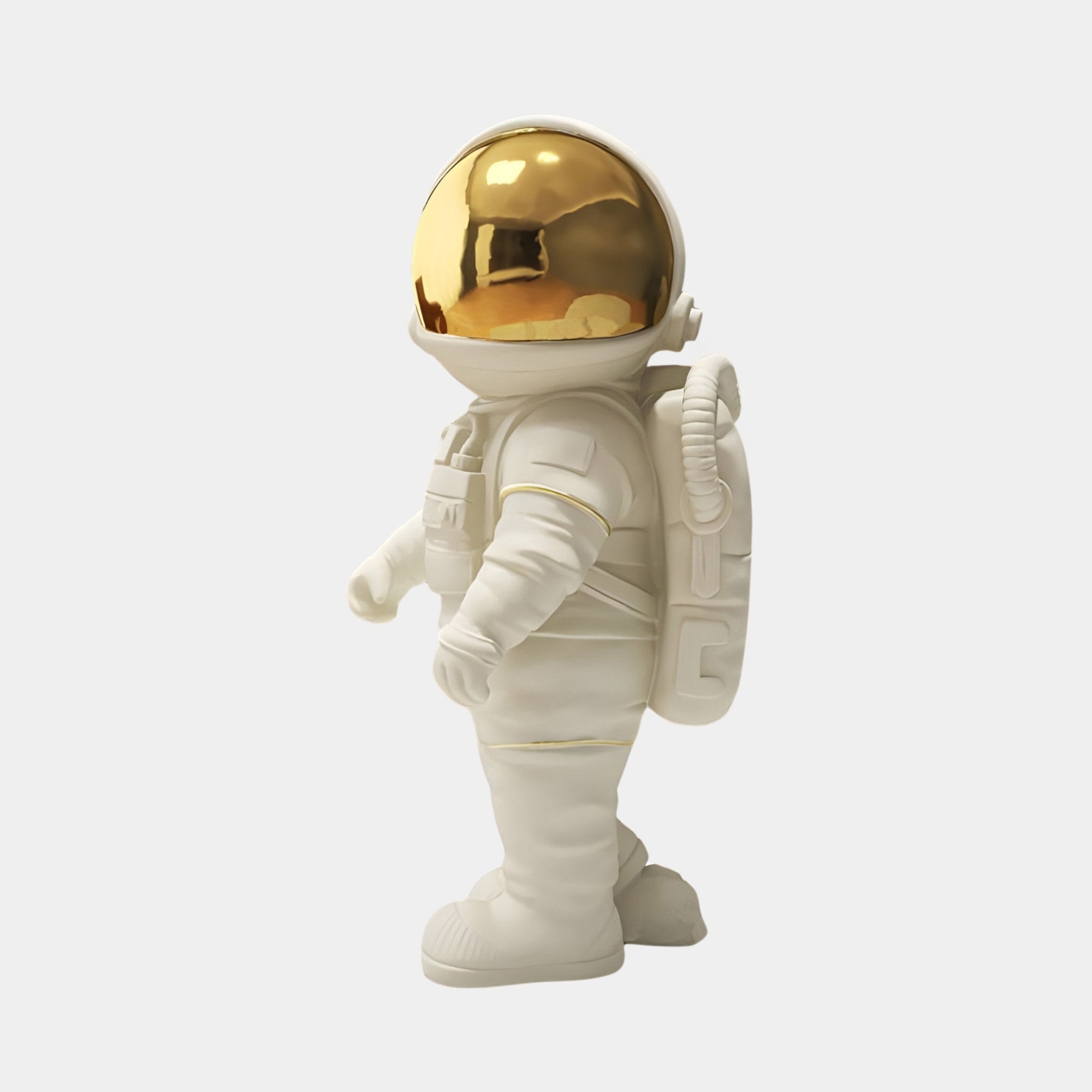 The Cloud White Stardust Astronaut Figure by Giant Sculptures is a 34cm resin masterpiece featuring a white astronaut with a gold visor, intricately detailed spacesuit, and backpack. Perfect for space enthusiasts, it stands on a plain background in side profile view.