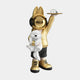 The Gold Astronaut Bunny Pup Butler Figure by Giant Sculptures is a 44cm resin decor piece of a humanoid with rabbit ears, sneakers, and headphones. Clad in gold like an astronaut bunny, it holds a clock on a tray and a white dog dressed in a hoodie and shorts.