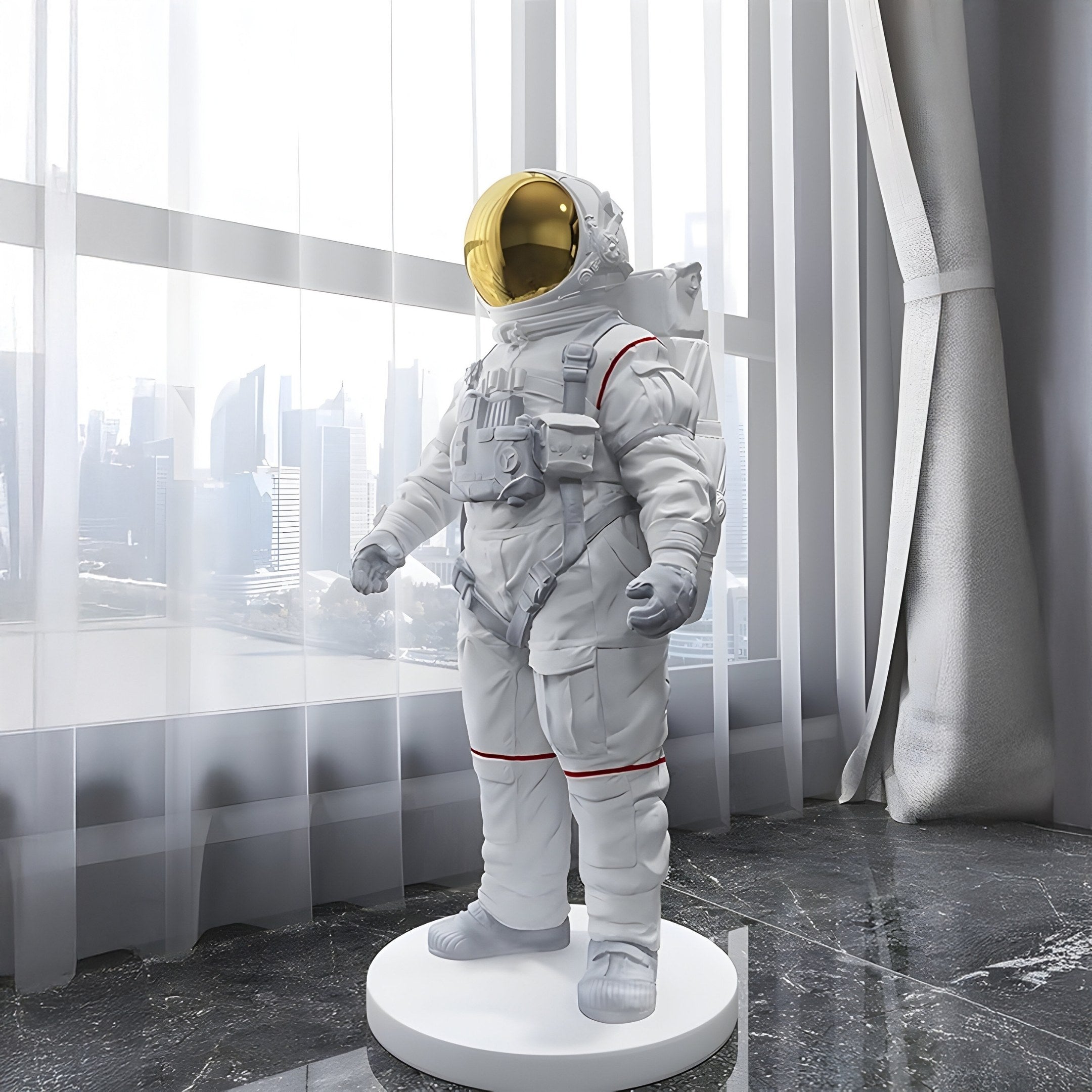 The White Space Astronaut Standing Sculpture (58cm) by Giant Sculptures is showcased against a large window, flanked by sheer curtains and glossy marble floors, embodying the spirit of space exploration indoors with its white suit and gold visor.