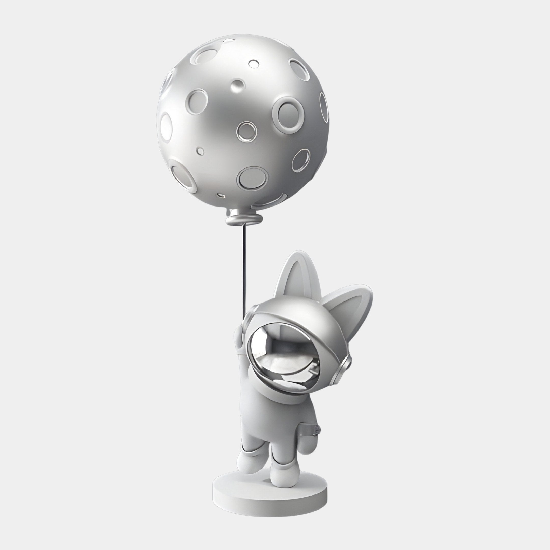 The 60cm Cosmic Chrome Astronaut Bunny Moon Balloon Sculpture by Giant Sculptures features an astronaut figurine with cat-like ears holding a reflective moon-shaped balloon, all set on a round base, adding sleek space-age whimsy.