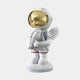 The Giant Sculptures Nova White Astronaut Angel Rocket Sculpture is a 75cm artistic piece featuring a silver-winged child-like figure with a golden visor and small rocket. Predominantly white with red accents, it stands on a rounded base, perfect for enchanting interior decor.