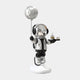 The Lunar Silver Astronaut Butler Balloon Sculpture - 80cm by Giant Sculptures features an astronaut holding a moon balloon and balancing perfume bottles on a cloud-like base, set against a white background.