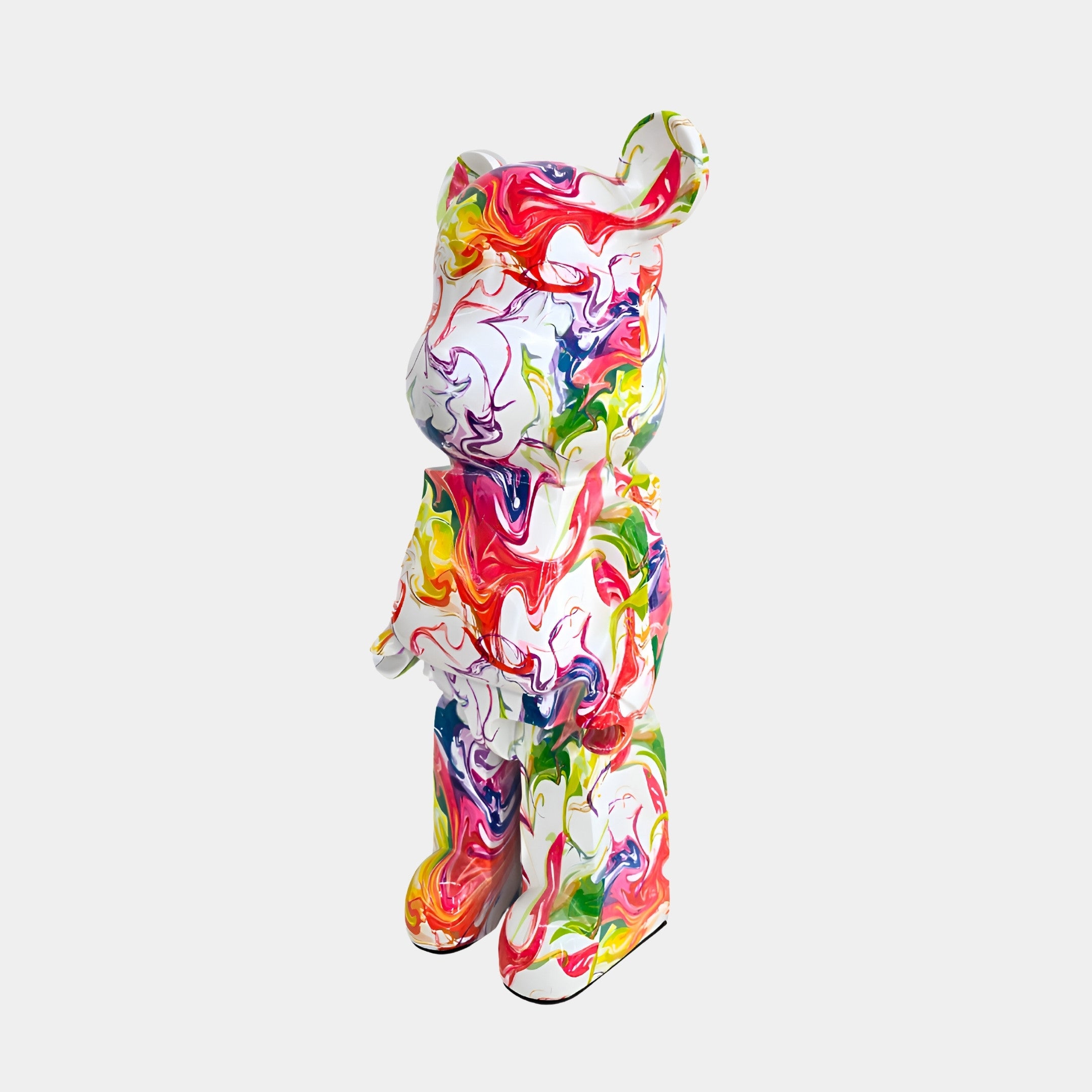 Side view of Vogue Bear Sculpture, showcasing vibrant color swirls in a dynamic, modern interior decor sculpture.