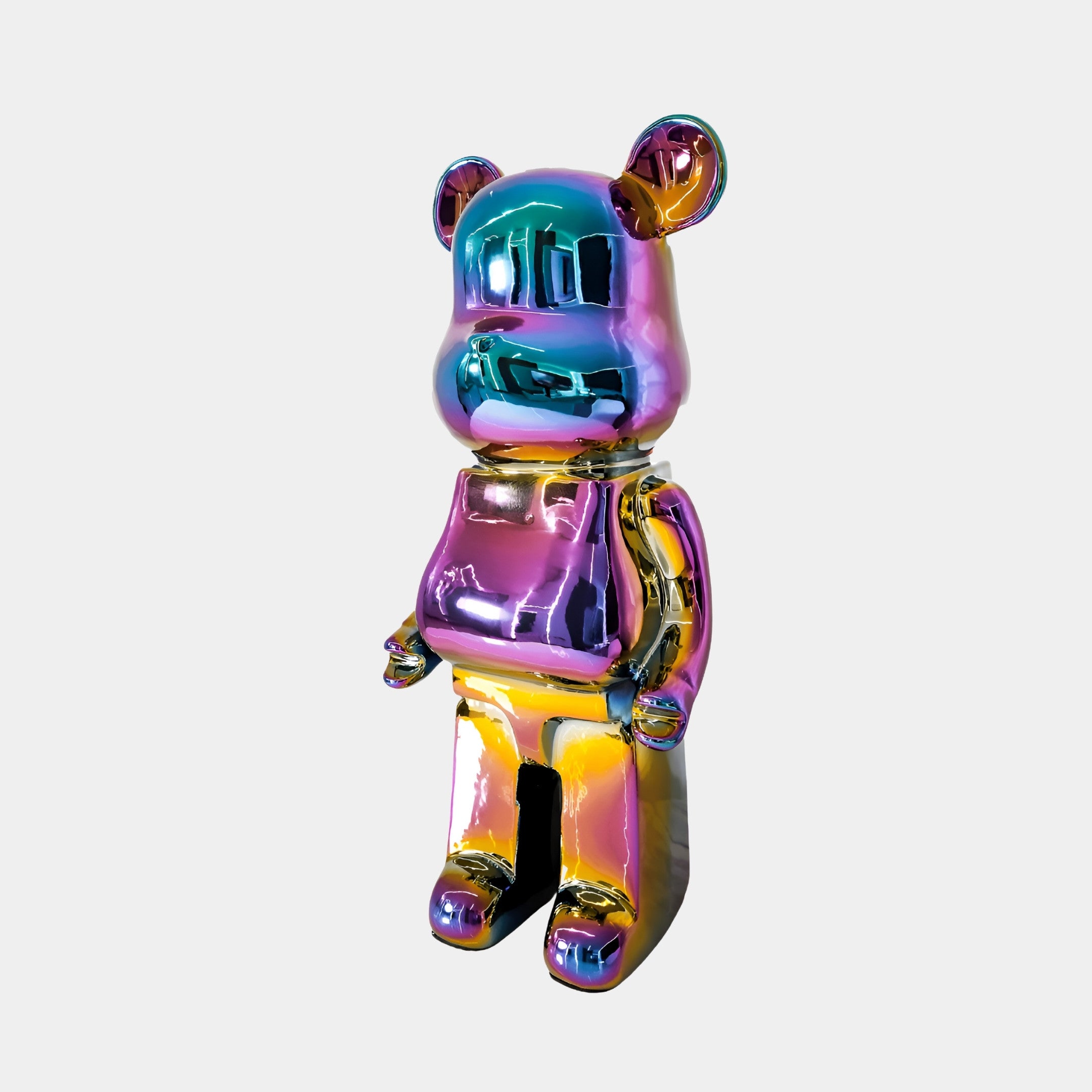 Profile view of the 50cm Colour Shift bear sculpture with purple, blue, orange, and gold accents.