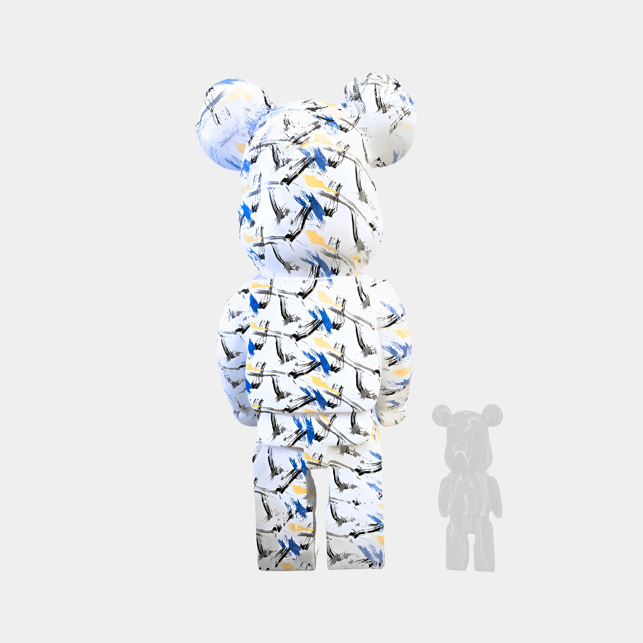 Rear view of the Indigo Infinity bear sculpture, standing tall at 165cm, showcasing intricate floral details on a white backdrop.