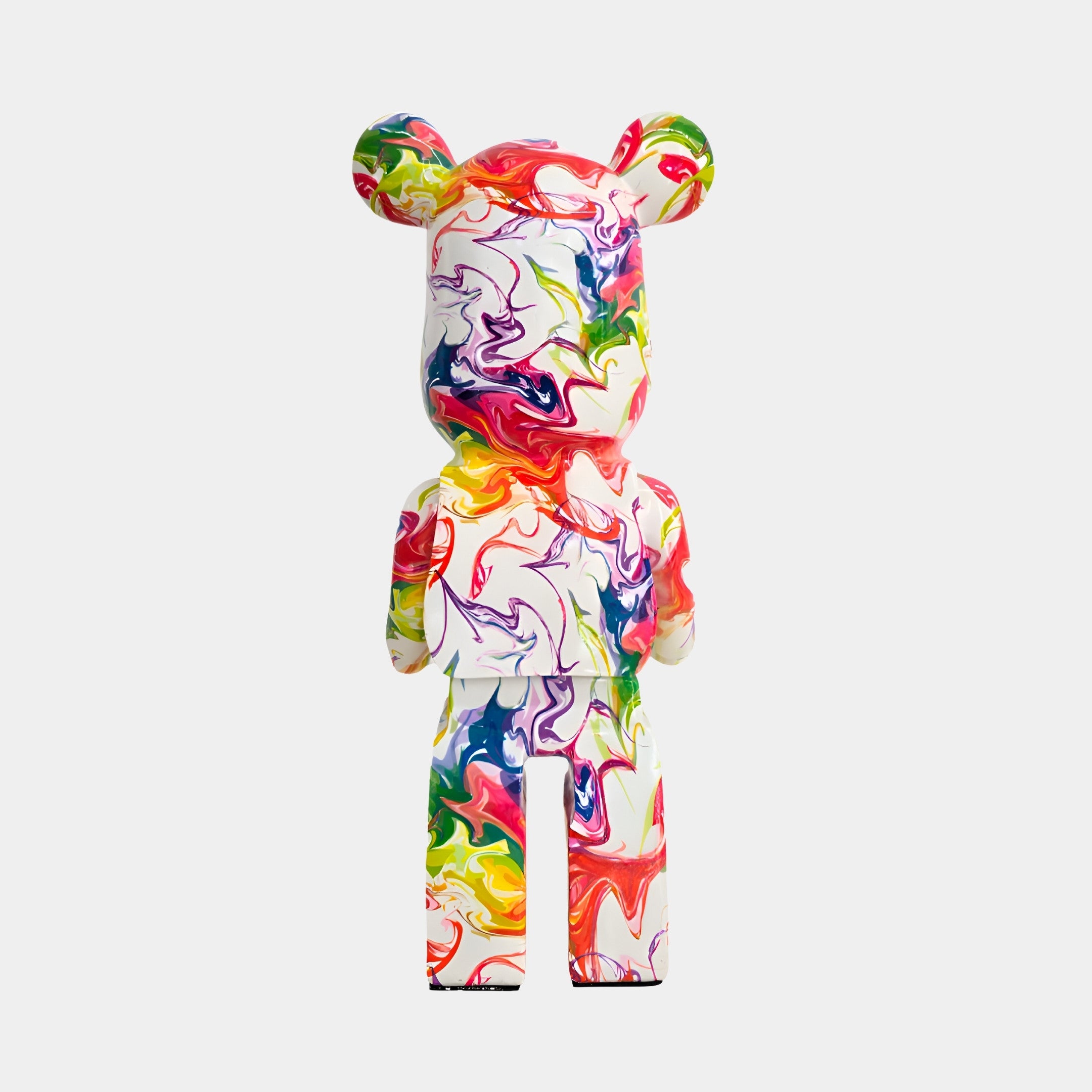 Rear view of Vogue Bear Sculpture, featuring vivid color swirls across the back of the luxury bear sculpture.