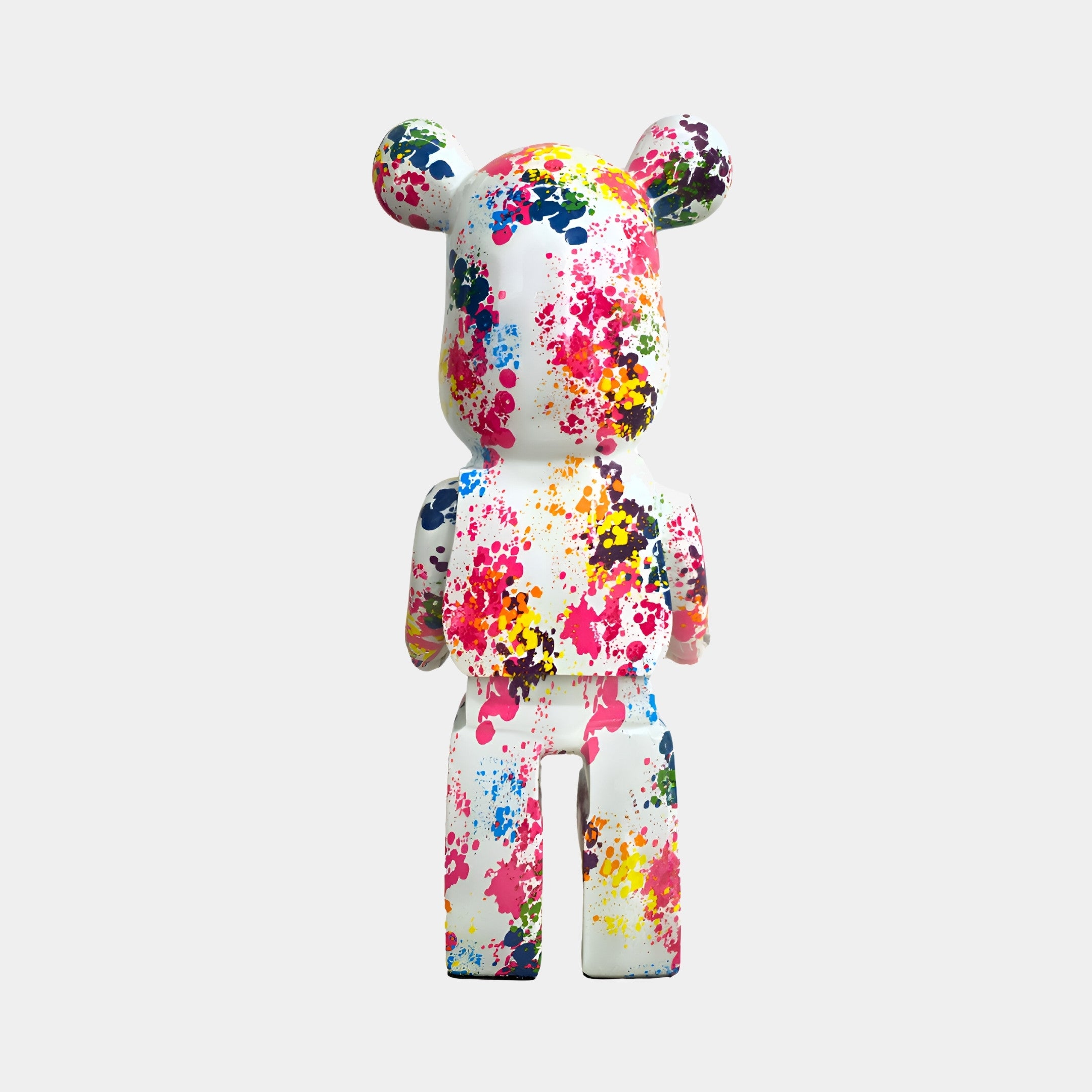 Rear view of Splatter Bear Sculpture, featuring multicolored splashes across the back of the luxury bear sculpture.