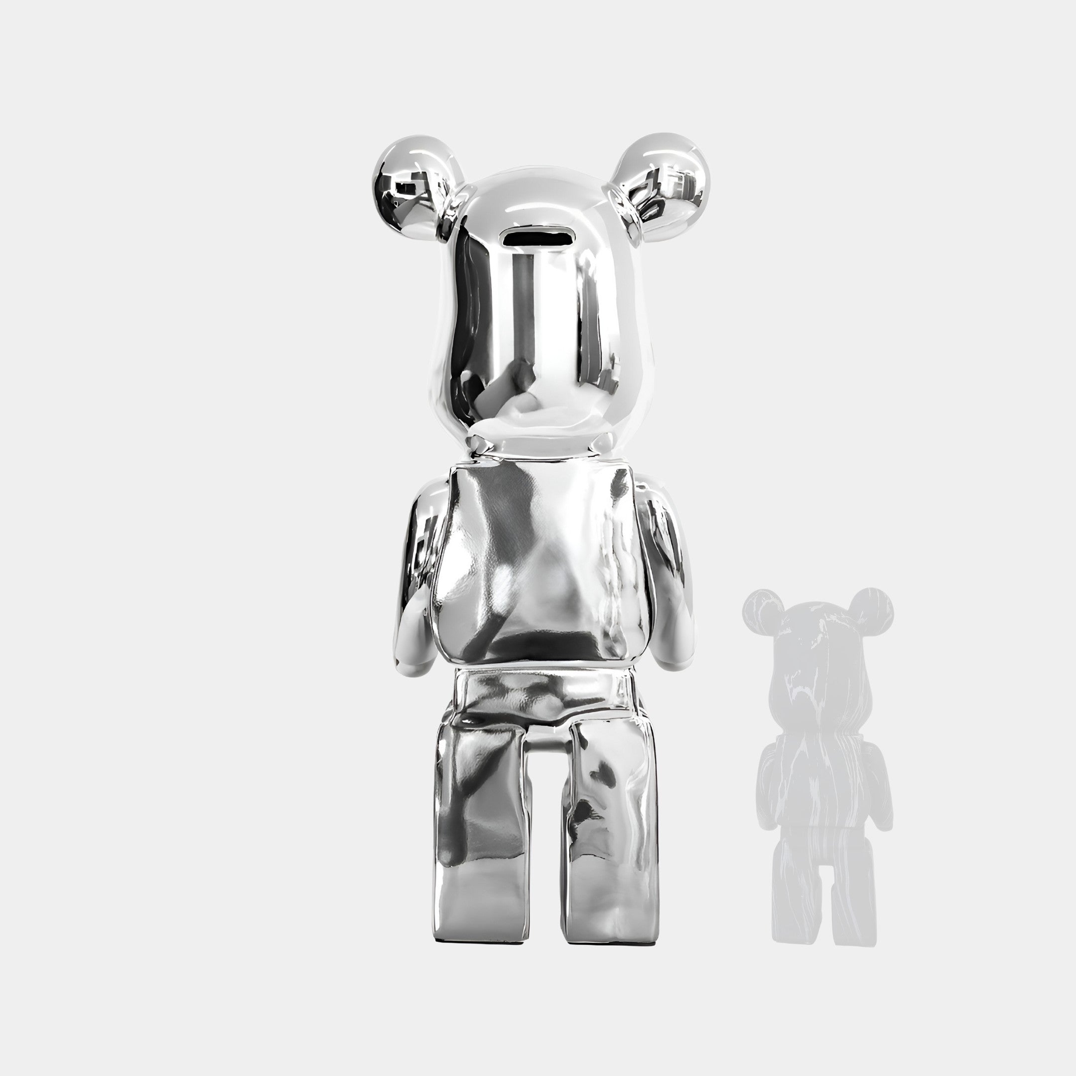 Mystic Chrome Bear Sculpture 135cm - Rear View, displaying the flawless silver chrome surface from behind.