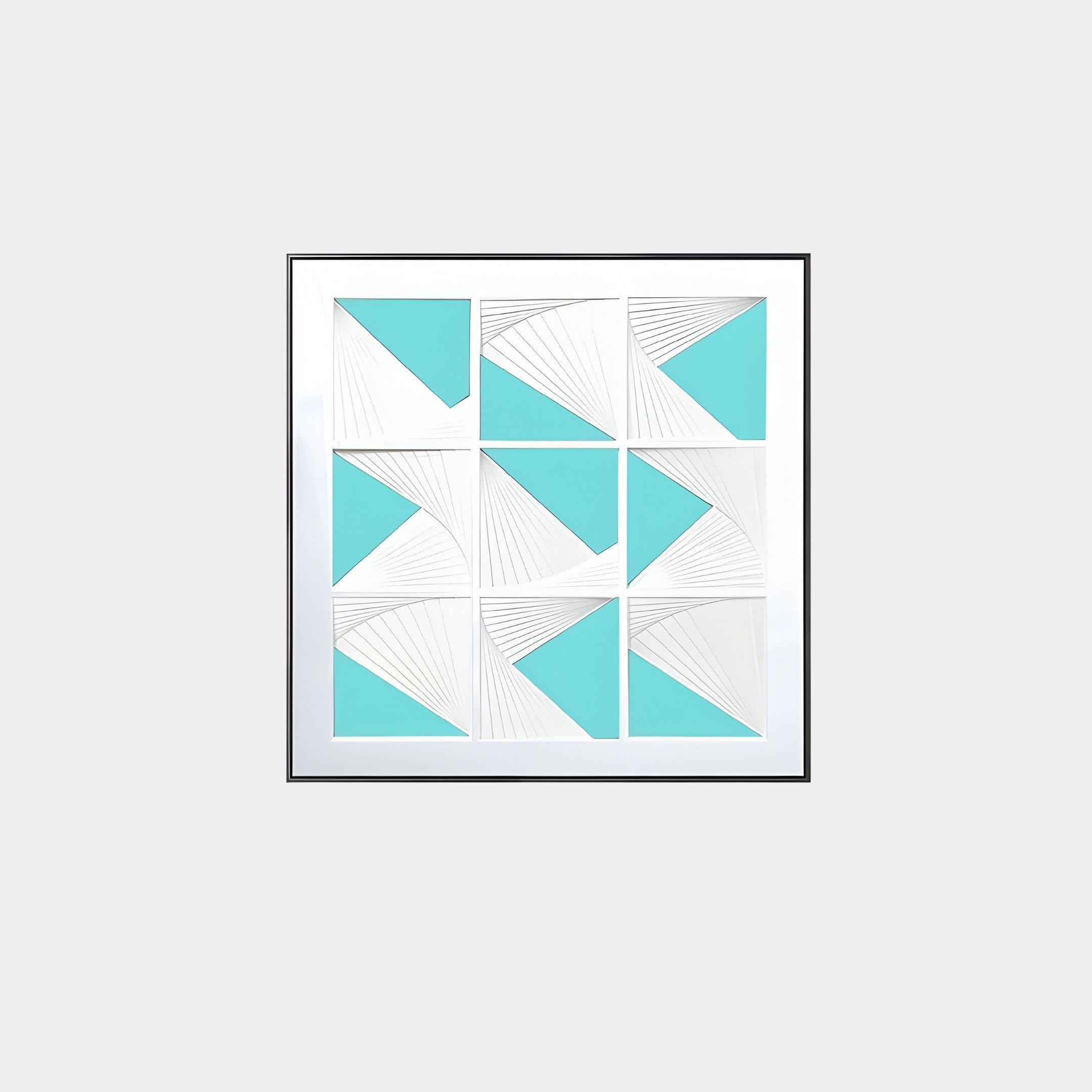 The Prismatics Turquoise Geometric Cardboard Carving Wall Art by Giant Sculptures is perfect for contemporary spaces. It features nine squares with white triangular patterns on a turquoise background, creating a dynamic abstract effect that defines this stunning piece.