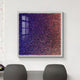 The Chromatica Square Vibrant Purple Gradient Paper 3D Wall Art by Giant Sculptures adorns a white wall. Two gray chairs sit below, with window pane shadows casting dynamic reflections on its textured blue and red layers.