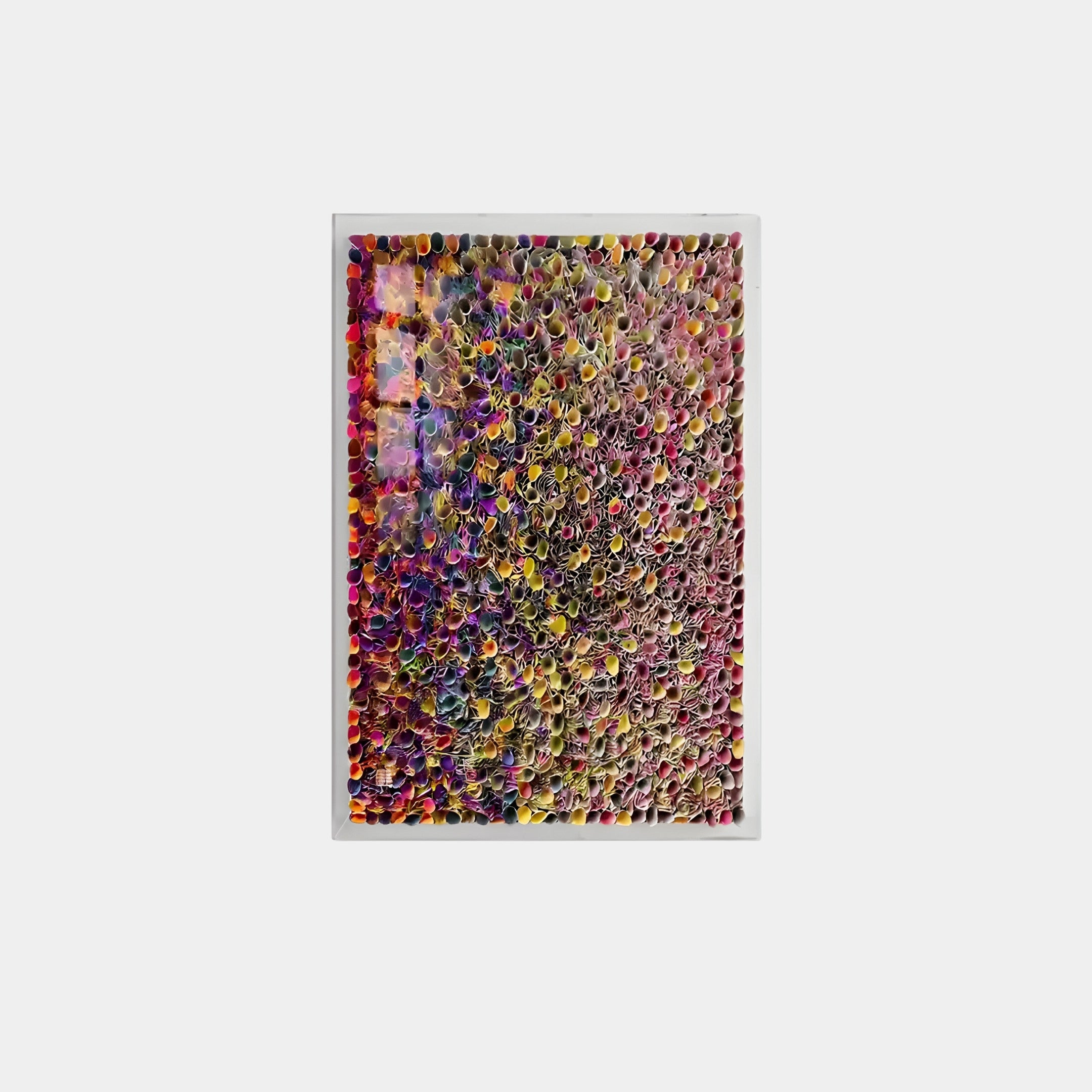 The Chromatica Vertical Multicoloured Gradient Rolled Paper 3D Wall Art by Giant Sculptures features a dense abstract pattern of colorful circles in reds, yellows, blues, and purples, creating a textured mosaic effect within a rectangular frame against a white background.