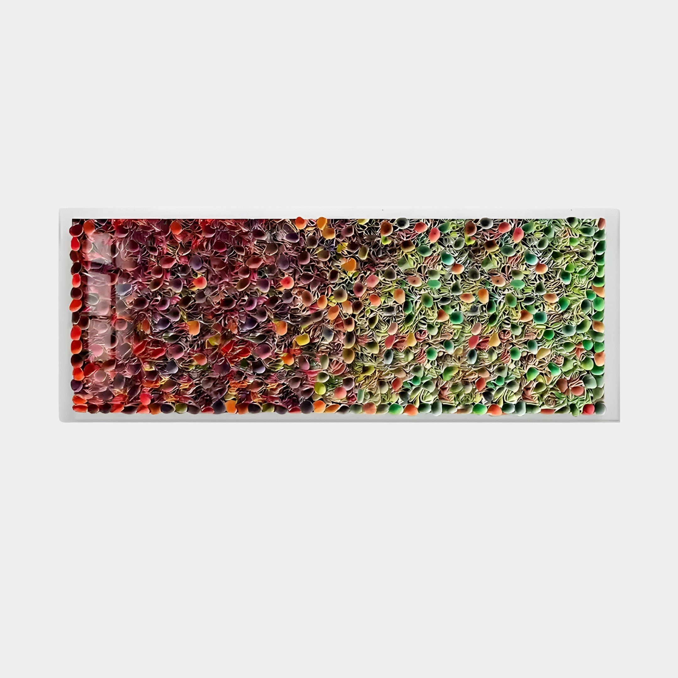 The Chromatica Rectangular Radiant Red & Green Rolled Paper 3D Wall Art by Giant Sculptures features handcrafted paper rolls, transitioning from warm reds and purples to cool greens and yellows in a vibrant abstract design.