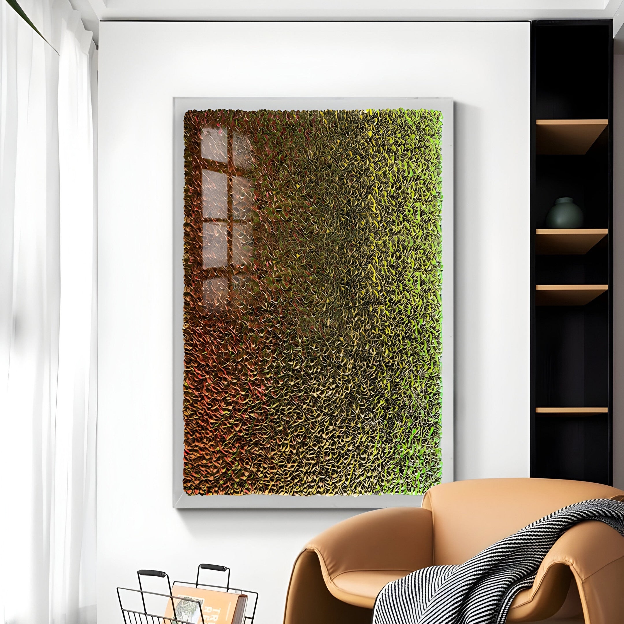 A modern living room displays the Giant Sculptures Chromatica Vertical Radiant Red & Gold Paper 3D Wall Art. A beige armchair sits nearby, and a built-in black shelving unit compliments the scene as natural light filters through sheer curtains.