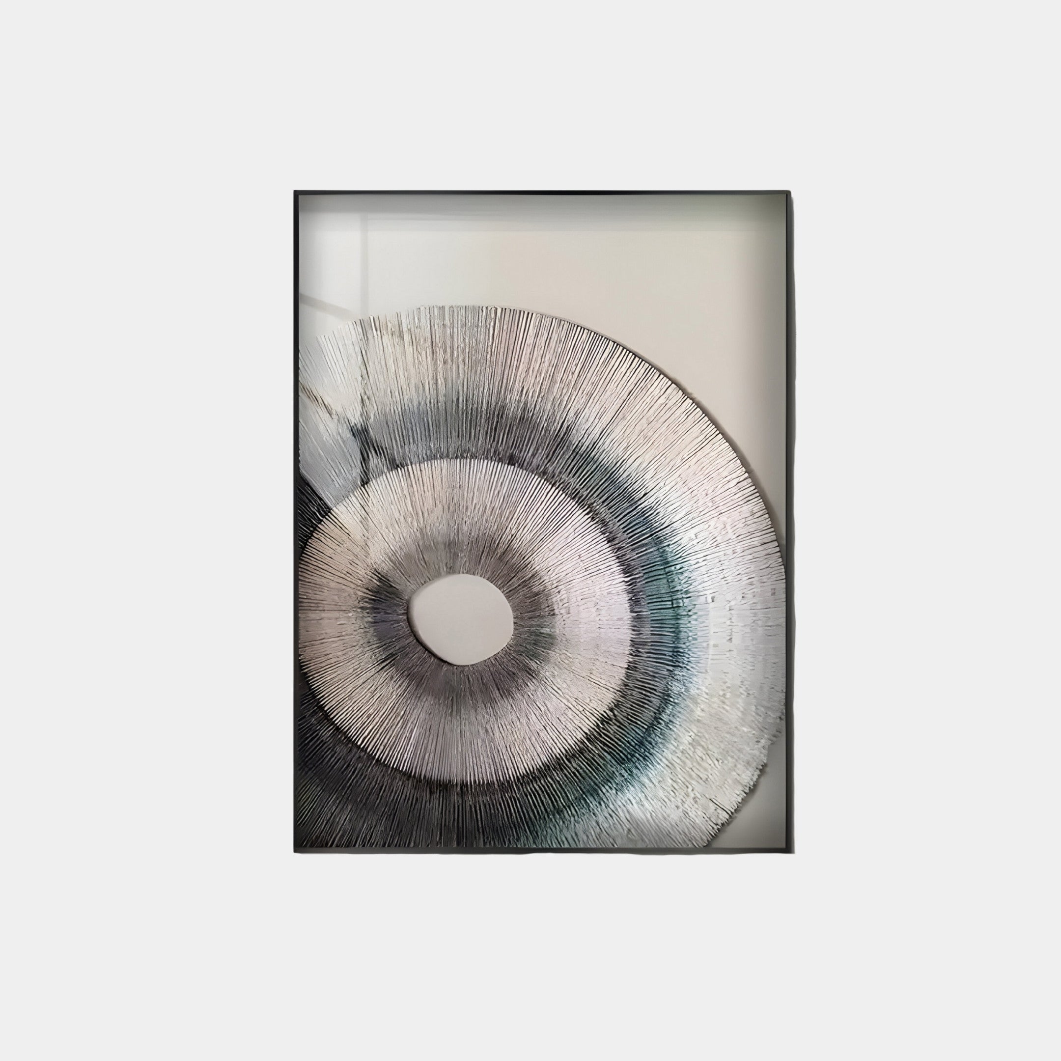 The Auralis Monochrome Concentric Circular Cardboard Craft Wall Art by Giant Sculptures showcases a modern abstract design with concentric patterns radiating from the center. Dark edges transition to a light center, embodying sustainability with its textured, dynamic look.