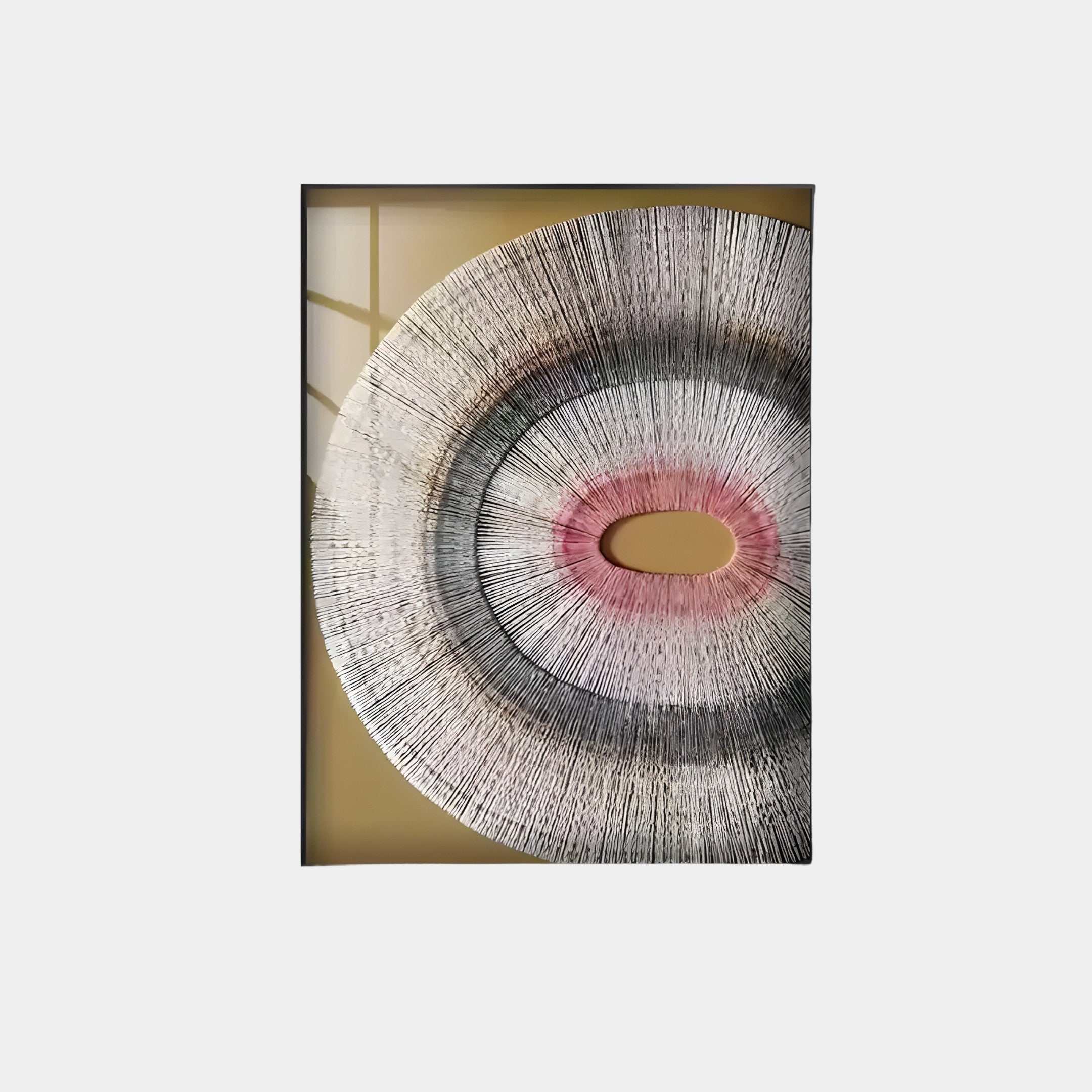 The Auralis Pink Accent Concentric Circular Cardboard Craft Wall Art by Giant Sculptures features a central oval design transitioning from pink to white and black, adding flair to contemporary interiors. Its light beige background with faint shadows makes it an ideal statement piece.